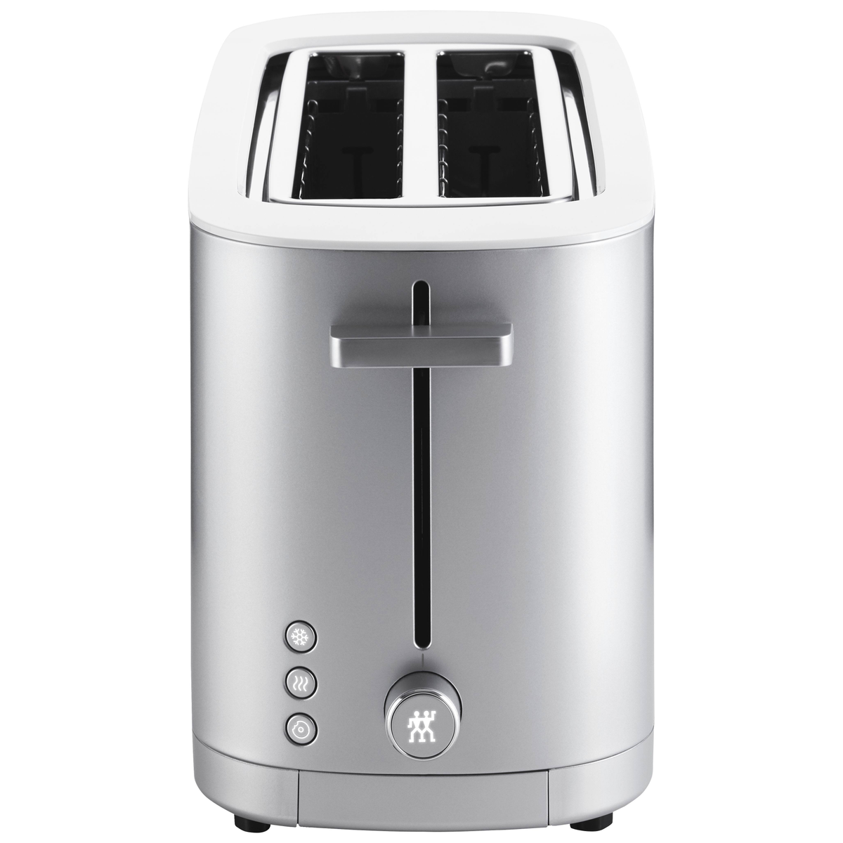 Silberner Toaster mit zwei Schlitzen. Weißer Deckel und Knöpfe. Ein Griff in der Mitte. ZWILLING-Logo.