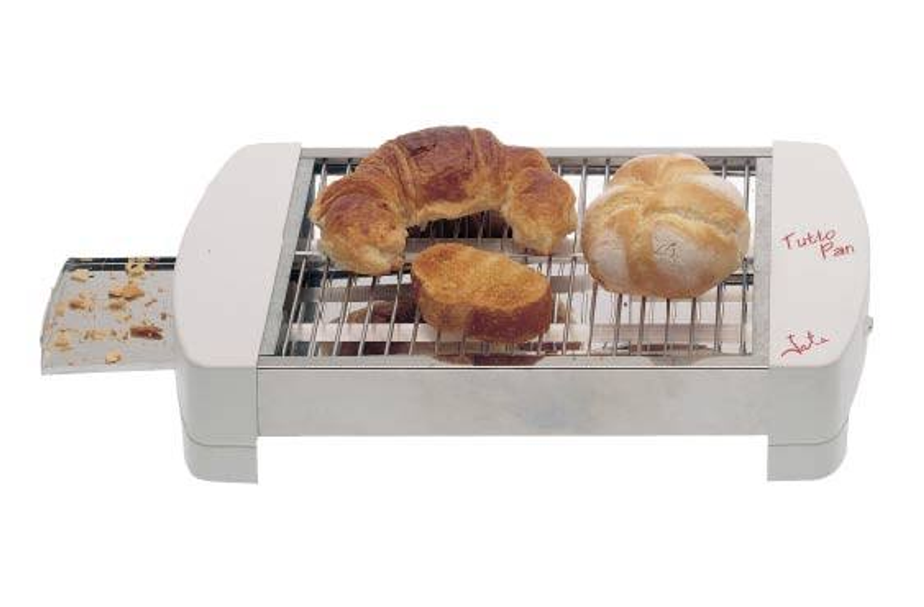 Un tostapane bianco con prodotti da forno: croissant, panino e toast.