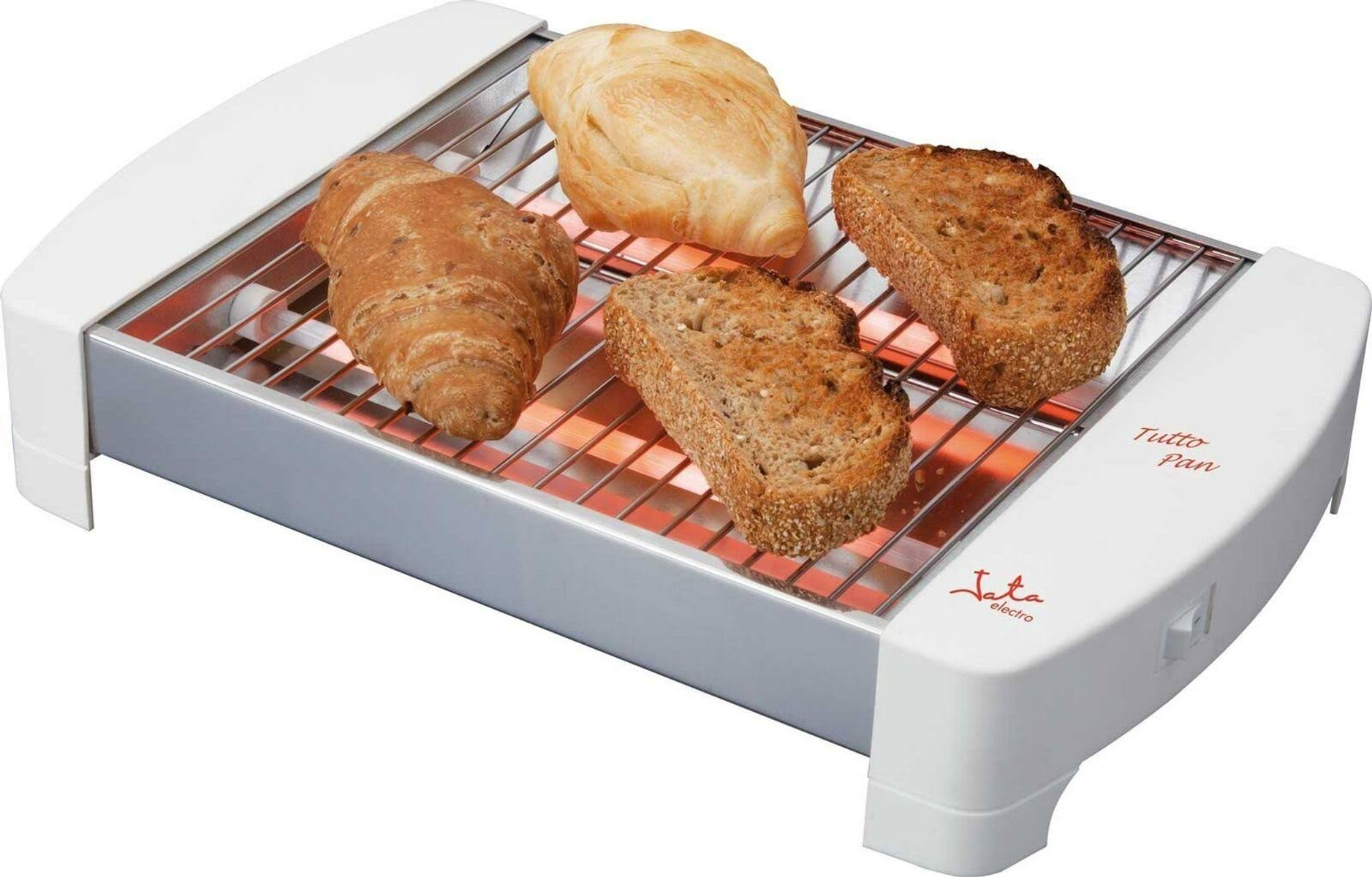 Un tostapane bianco e grigio con pane sopra, con la parola Tutto Pan.