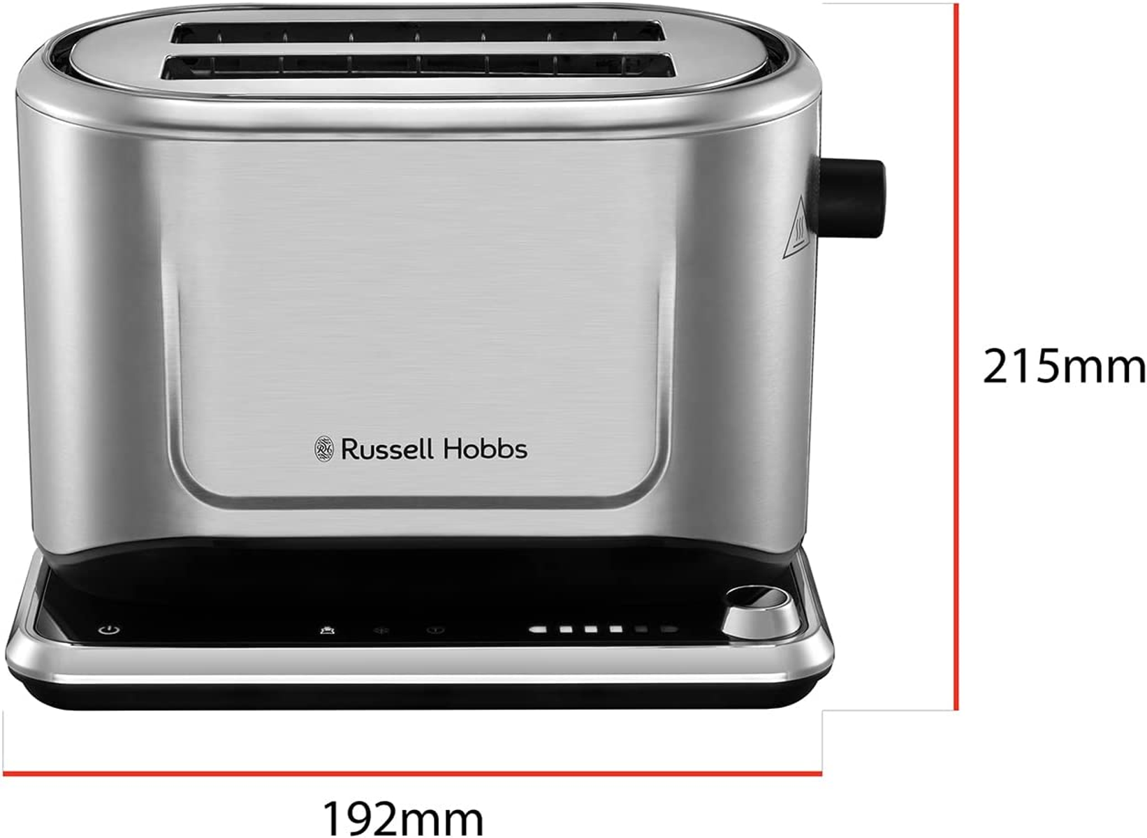 Toster ze stali nierdzewnej z czarnymi akcentami. Wymiary są również pokazane na zdjęciu.