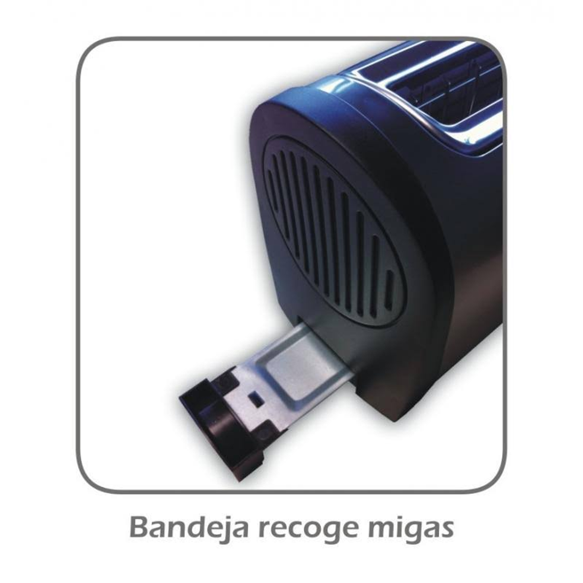 Zbliżenie czarnego tostera z otwartą tacką na okruchy, tekst poniżej.