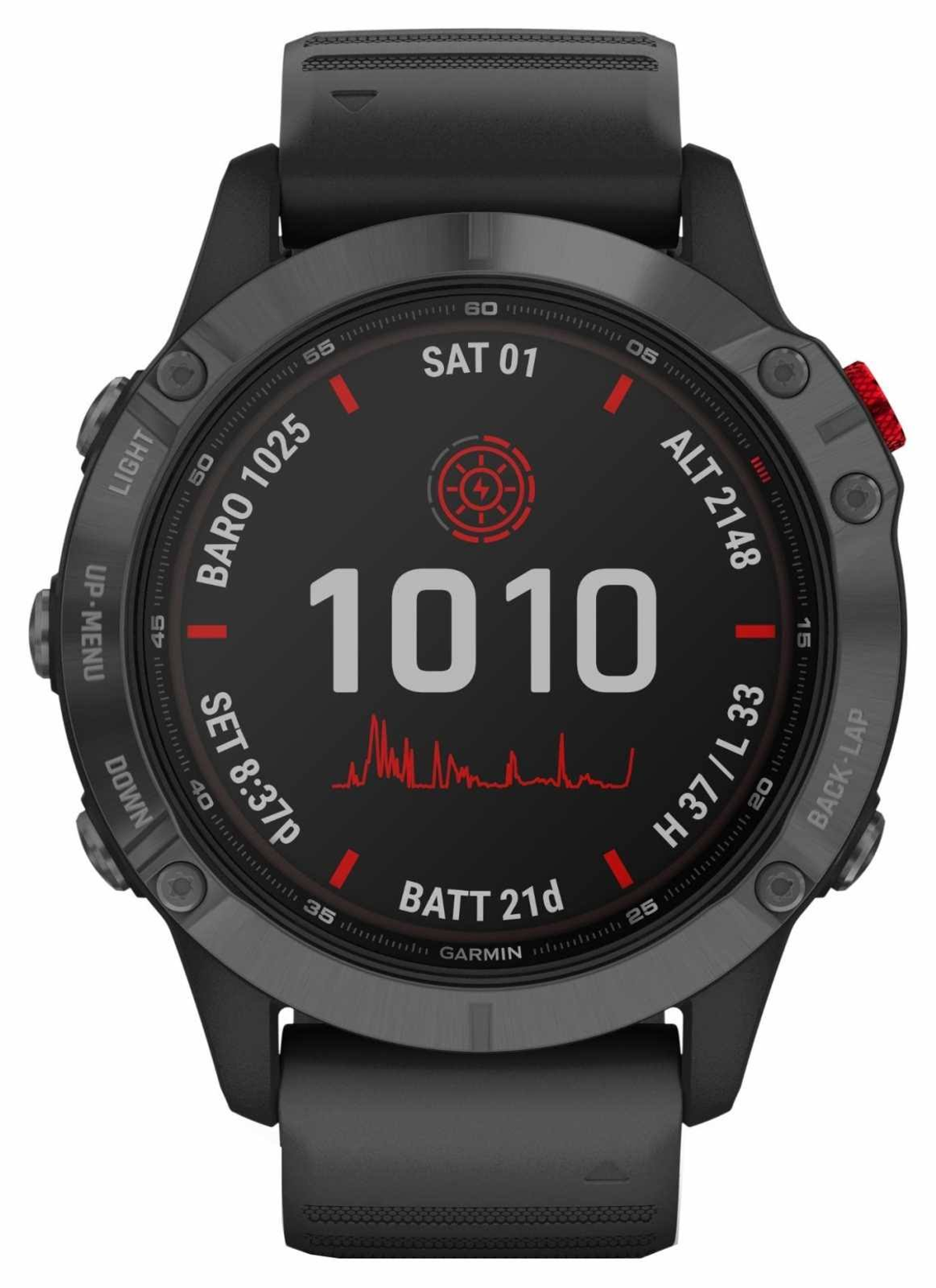Schwarze Garmin-Uhr mit Digitalanzeige, die verschiedene Daten anzeigt. Rote Akzente auf dem Zifferblatt.