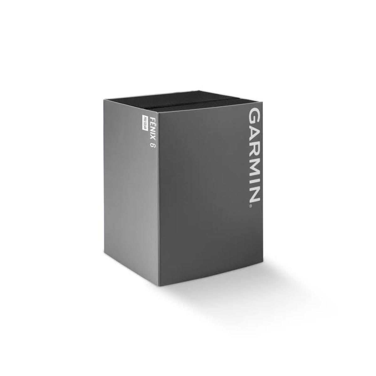 Garmin Fenix 6 Uhrenbox, grau, mit dem Garmin-Logo an der Seite.