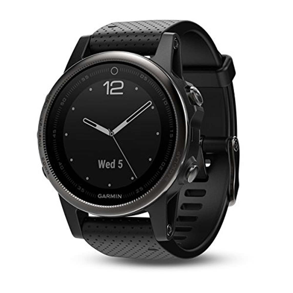 Eine schwarze Garmin-Uhr mit schwarzem Armband. Das Zifferblatt zeigt die Uhrzeit, das Datum und ist schwarz mit weißen Zahlen.