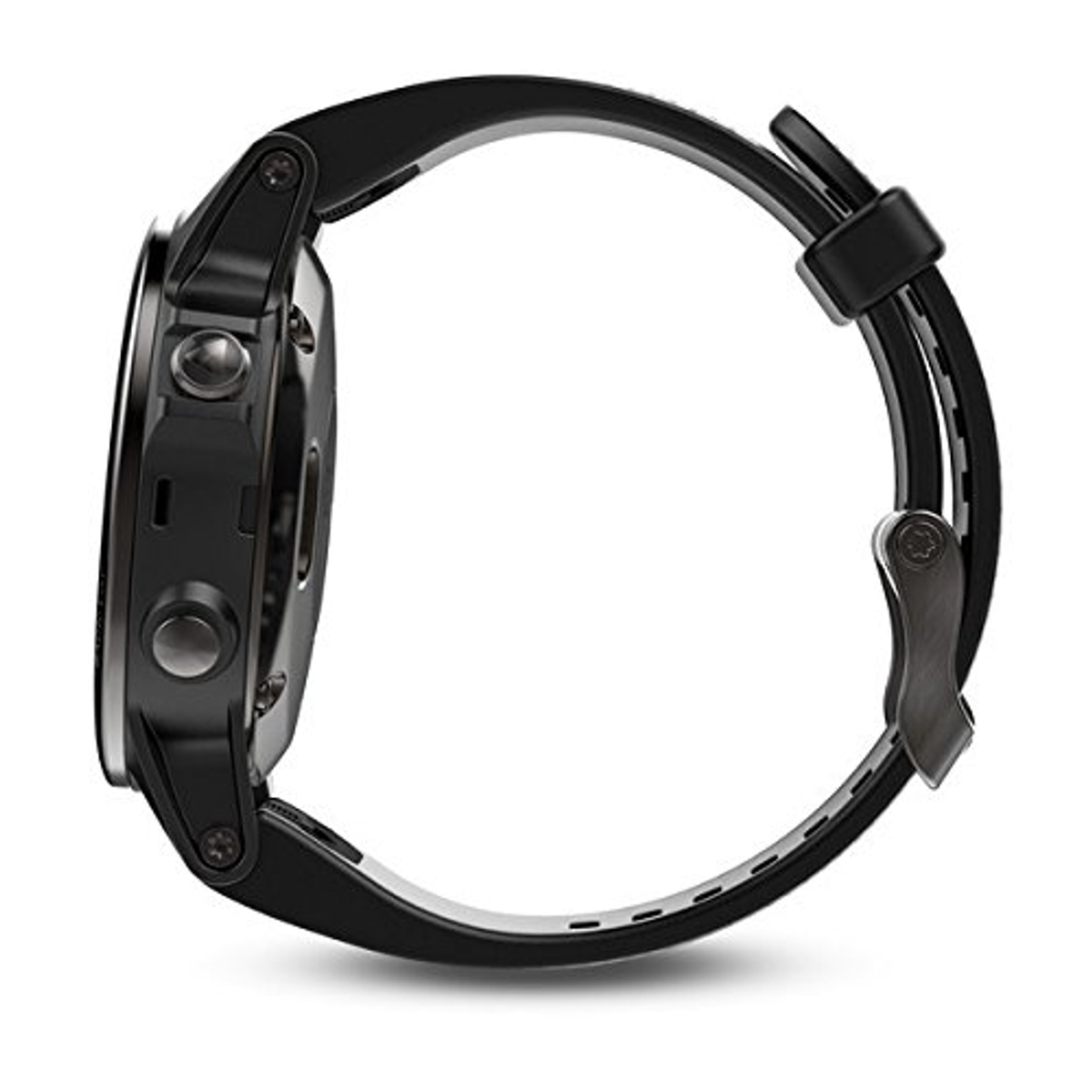 Schwarze Smartwatch. Seitenansicht, mit Knöpfen und einem Armband.
