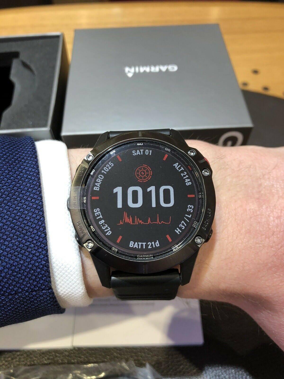 Eine schwarze Smartwatch am Handgelenk. Das Zifferblatt zeigt Daten und die Uhrzeit. Im Hintergrund ist eine Box.
