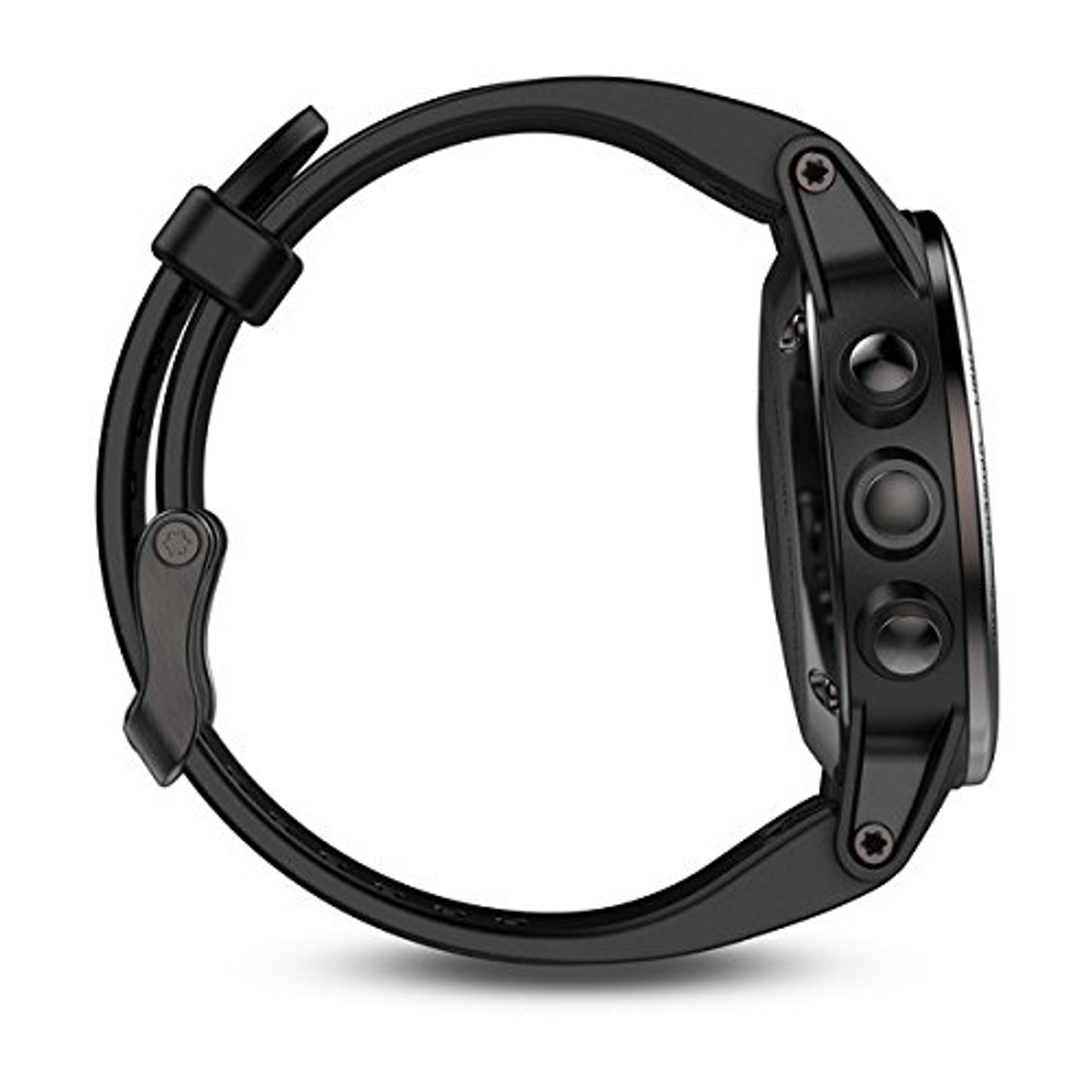 Eine schwarze Smartwatch von der Seite gesehen, mit Armband und Knöpfen.
