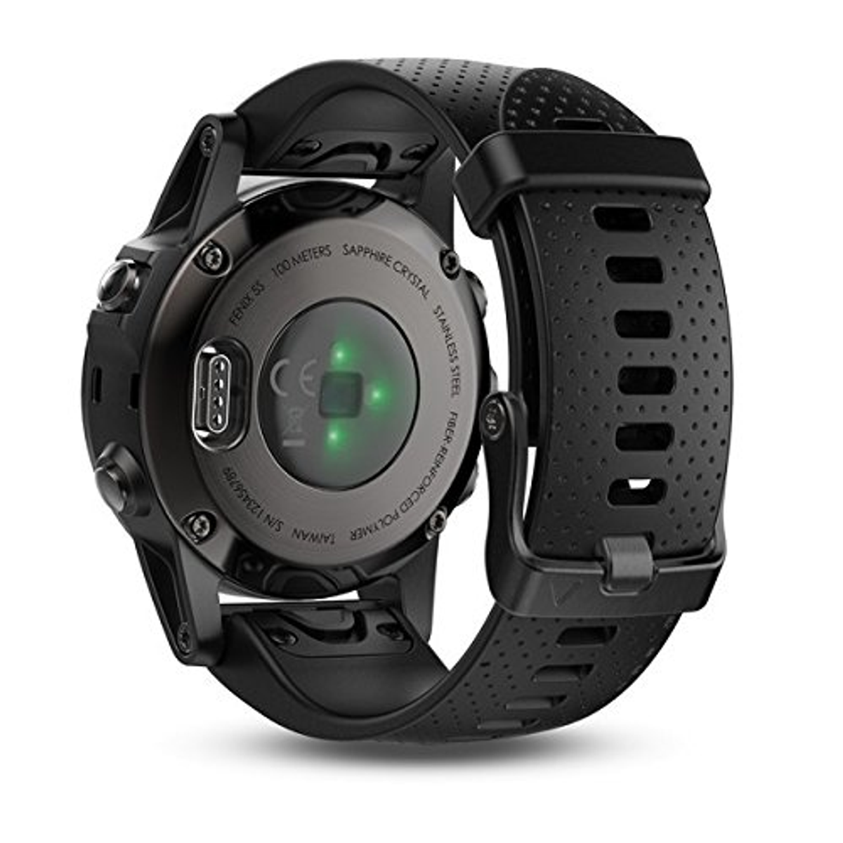 Schwarze Garmin-Uhr, Unteransicht. Herzfrequenzsensor und Daten auf der Rückseite.