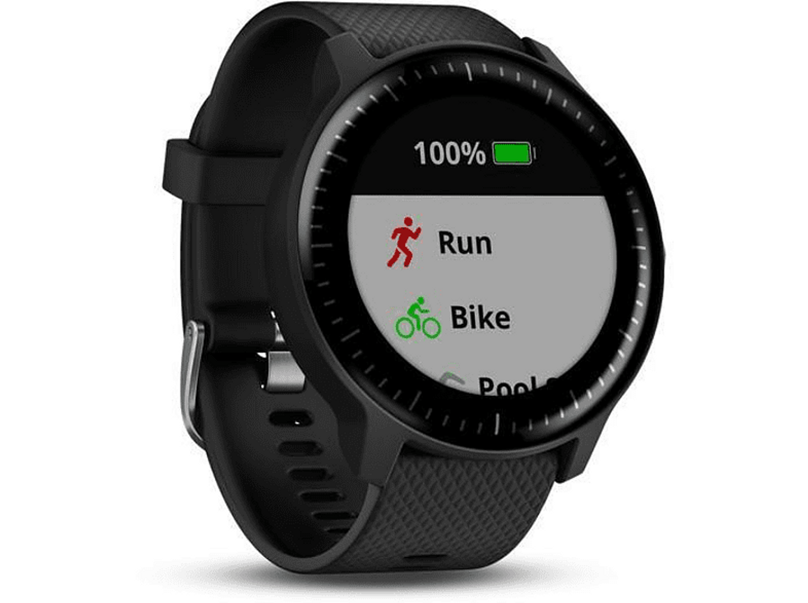 Schwarze Smartwatch mit Sportmodi. Grünes Akkusymbol, rote Lauf- und grüne Fahrradsymbole.