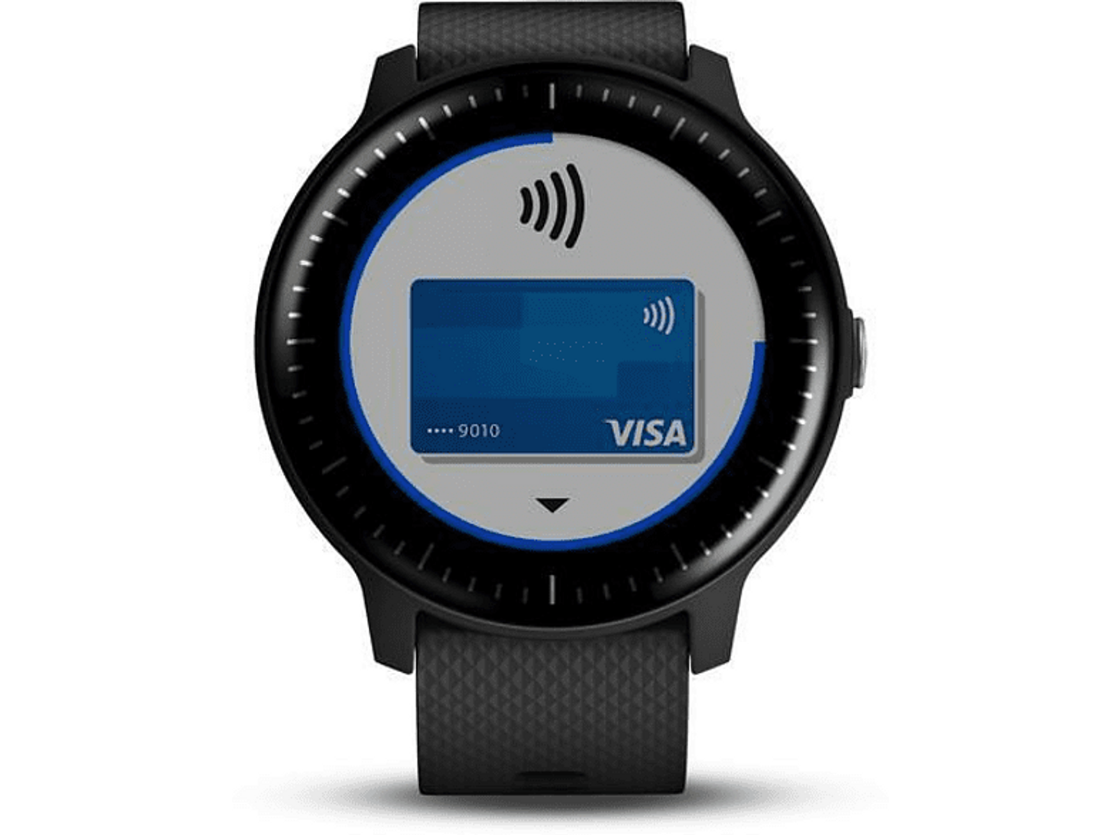Eine Garmin Smartwatch zeigt eine Kreditkarte mit einem Symbol für kontaktloses Bezahlen. Sie hat ein schwarzes Armband.
