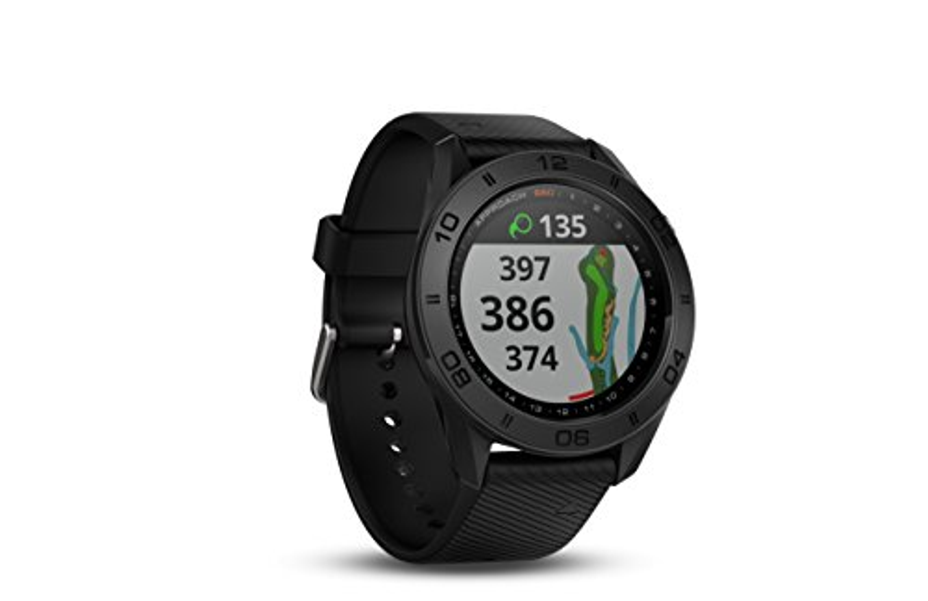 Schwarze Garmin Golfuhr, die eine Golfplatzkarte mit Entfernungszahlen anzeigt.