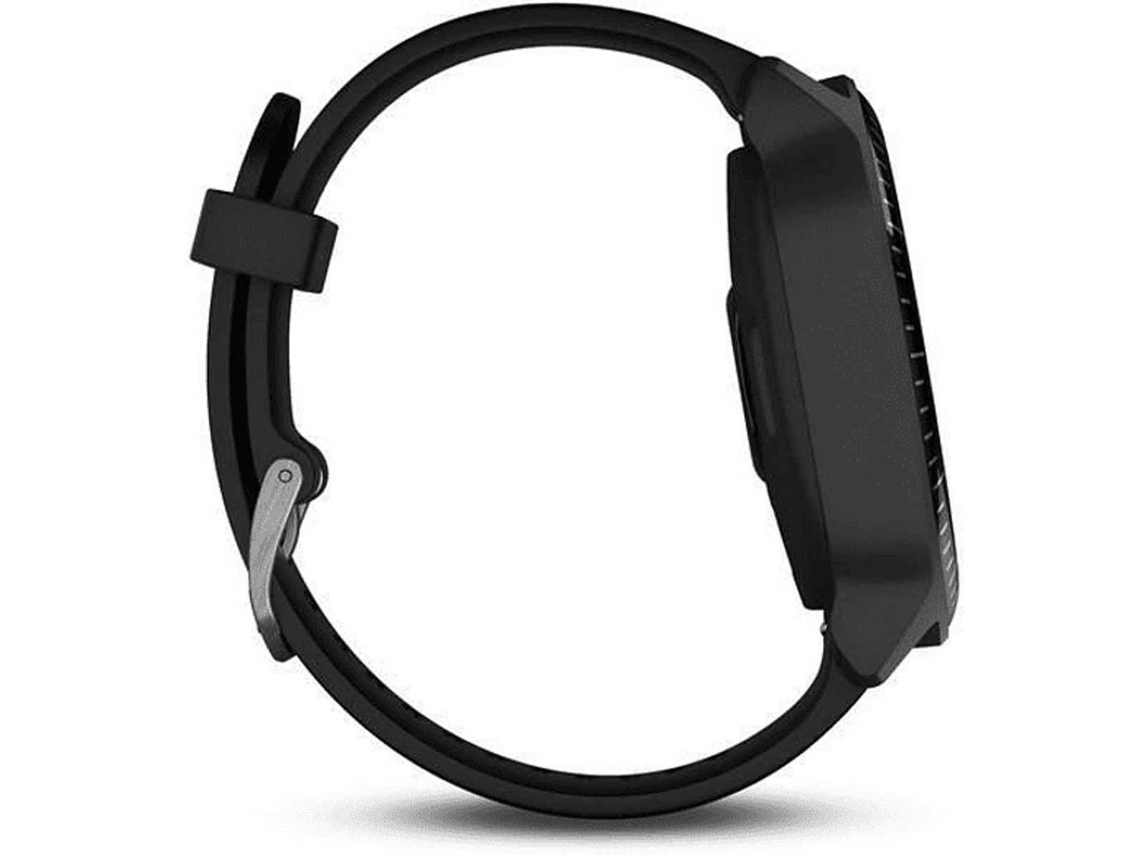 Eine schwarze Smartwatch, Seitenansicht, mit schwarzem Armband.