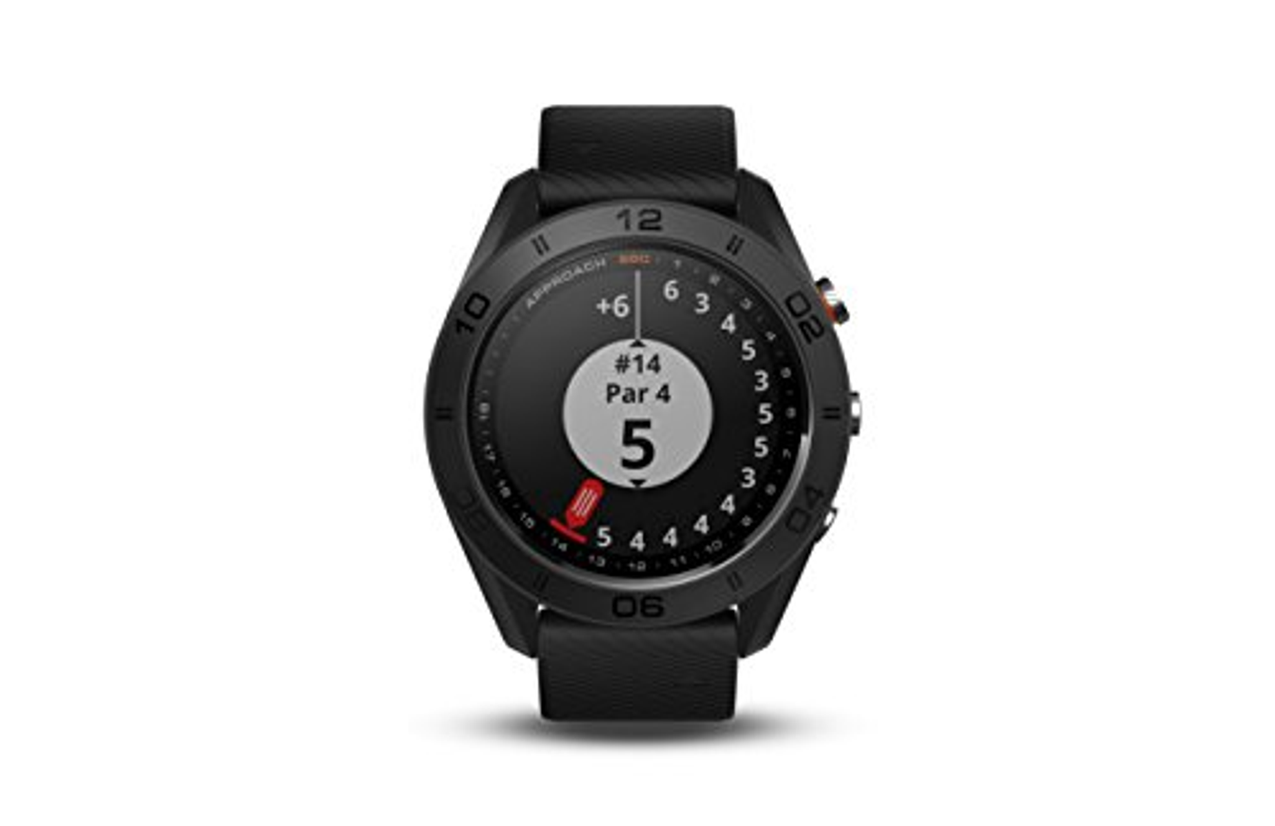 Schwarze Smartwatch mit rundem Zifferblatt, das Golfplatzinformationen anzeigt.
