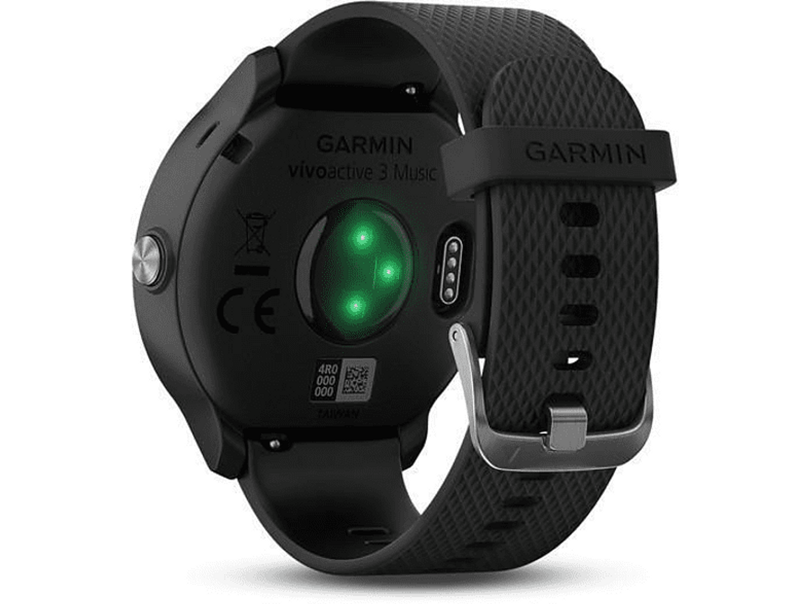 Schwarze Garmin-Uhr. Die Rückseite zeigt grüne Lichter und das Garmin-Logo.