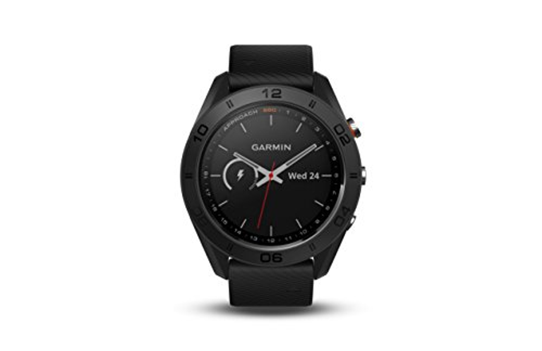 Schwarze Garmin Approach S60 Uhr mit schwarzem Armband, zeigt Zeit und Datum an.