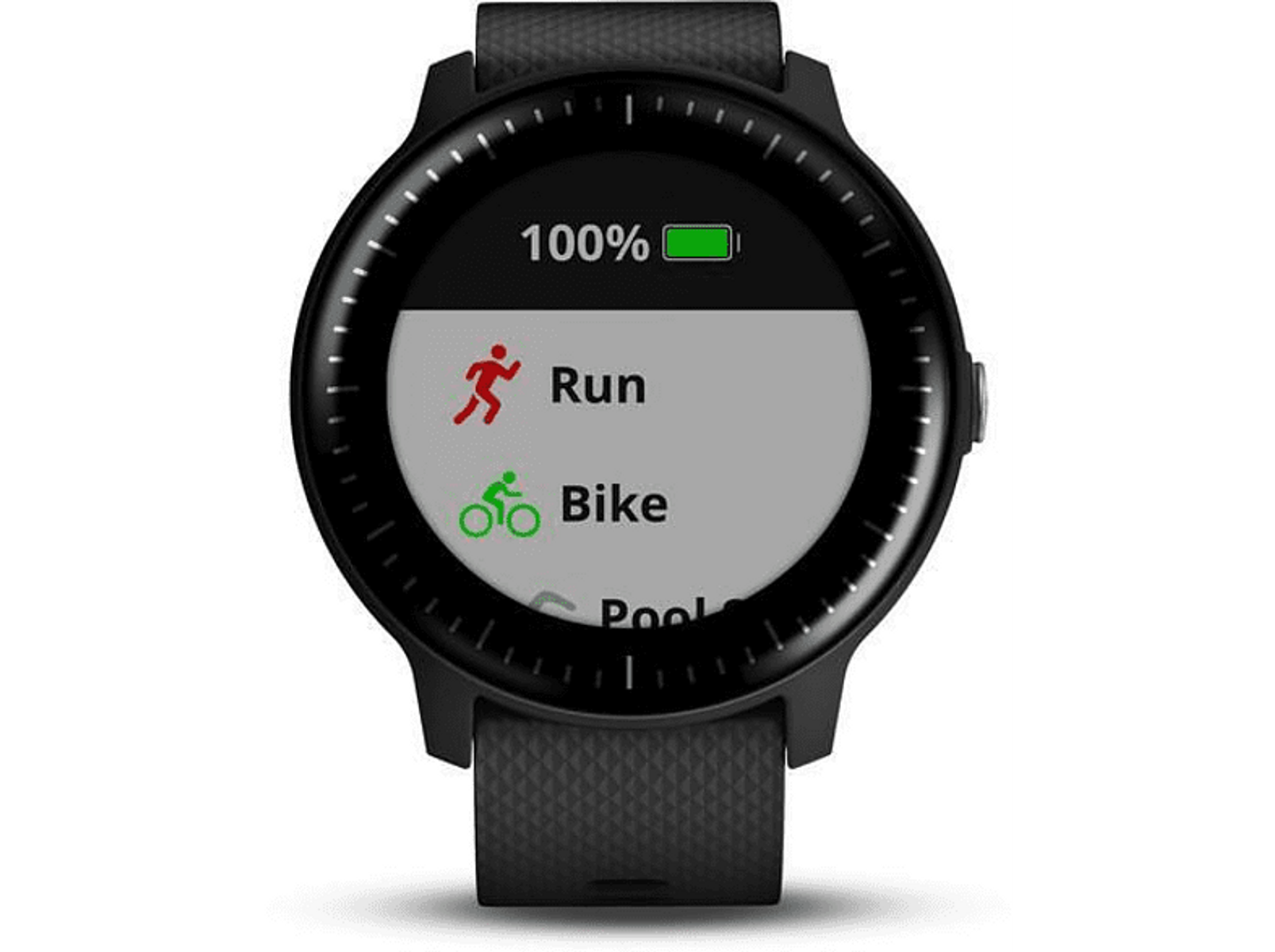 Smartwatch-Oberfläche mit Lauf- und Fahrradoptionen, Akku bei 100%.