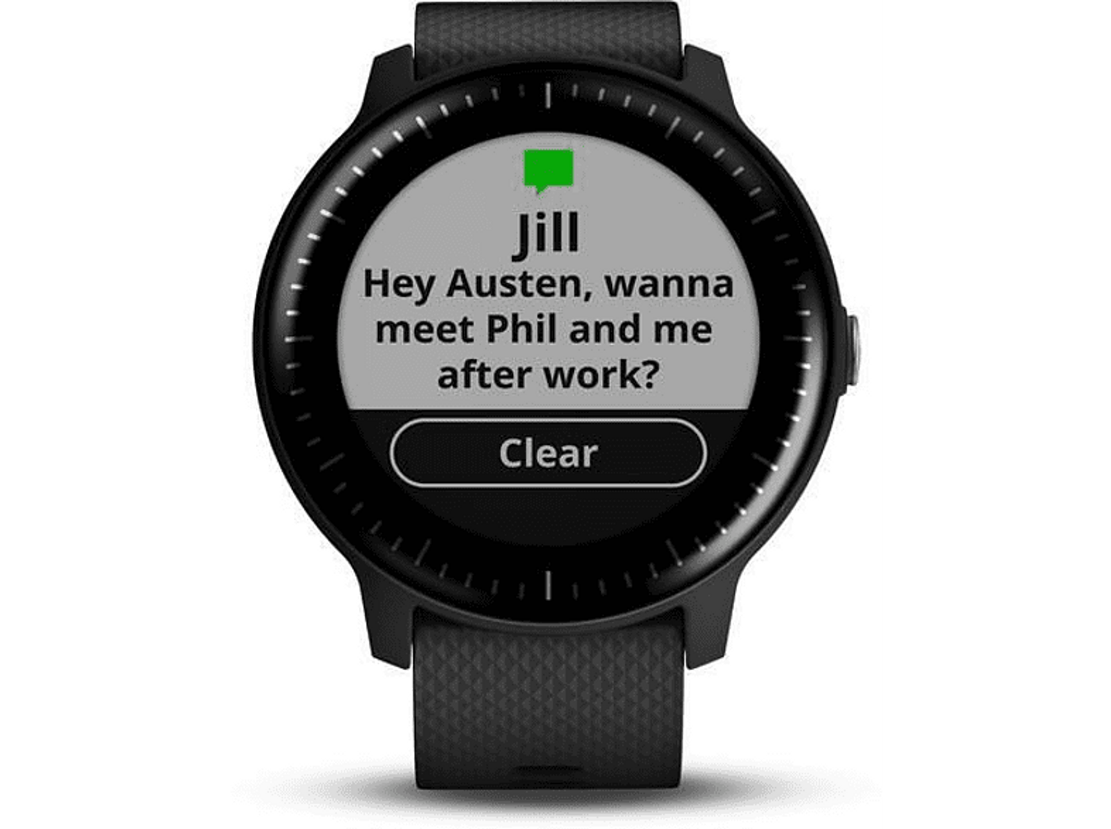 Schwarzer Garmin Smartwatch-Bildschirm mit einer Nachricht von Jill, sich nach der Arbeit zu treffen.