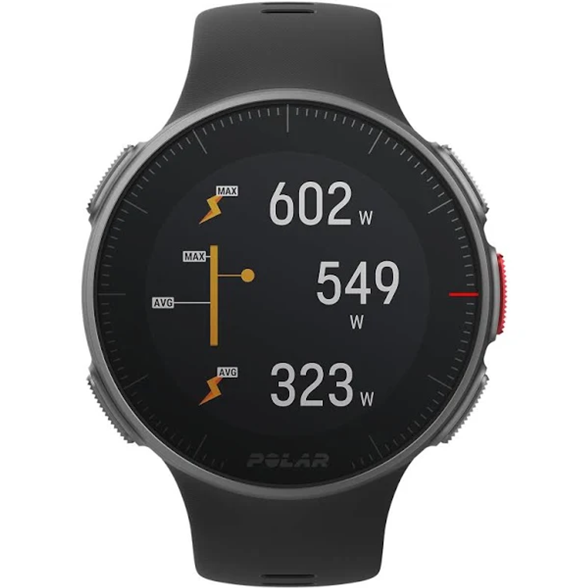 Czarny smartwatch Polar wyświetlający dane dotyczące mocy z cyfrowym wyświetlaczem i czarnym paskiem.