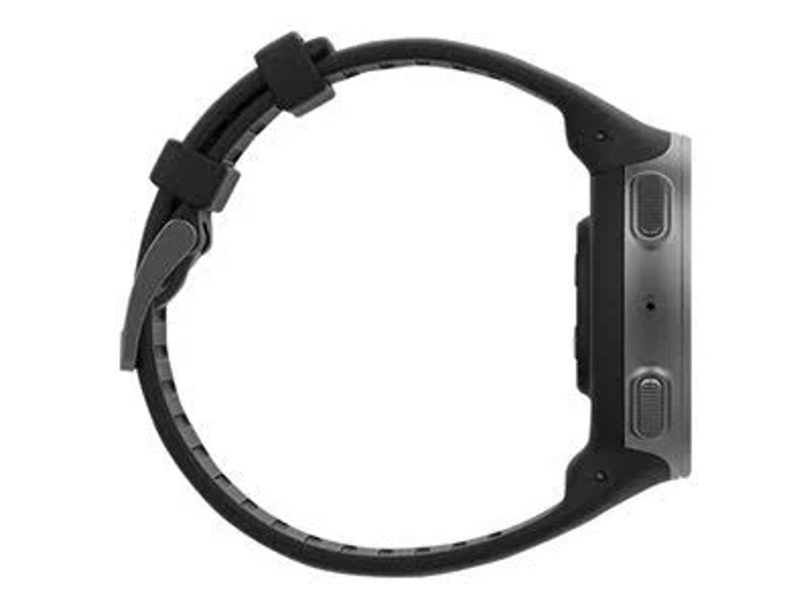 Widok z boku czarnego smartwatcha z czarnym paskiem. Zegarek ma okrągły kształt.