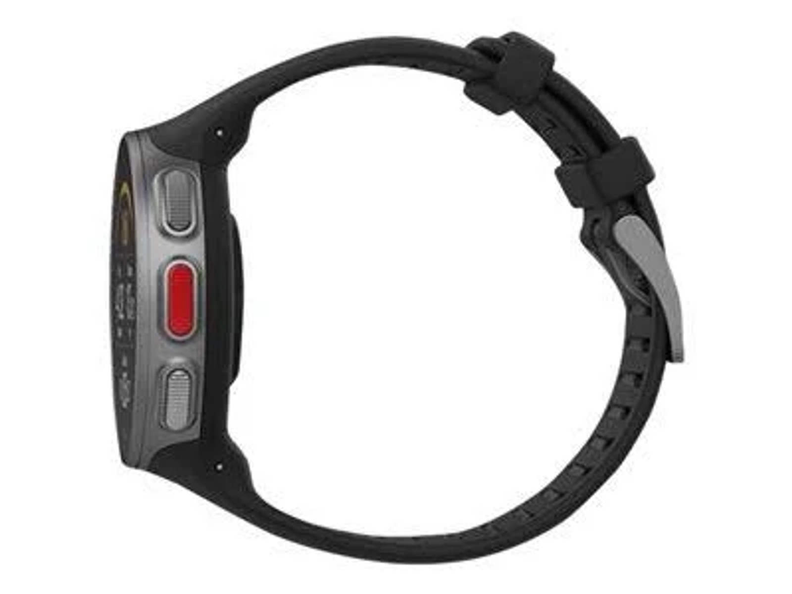 Czarny smartwatch, widok z boku. Dwa przyciski, czerwony przycisk i czarny pasek.