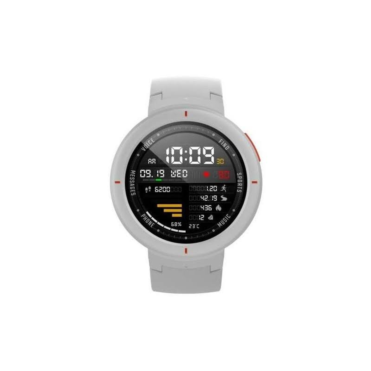 Smartwatch blanca con una pantalla digital que muestra la hora y datos.