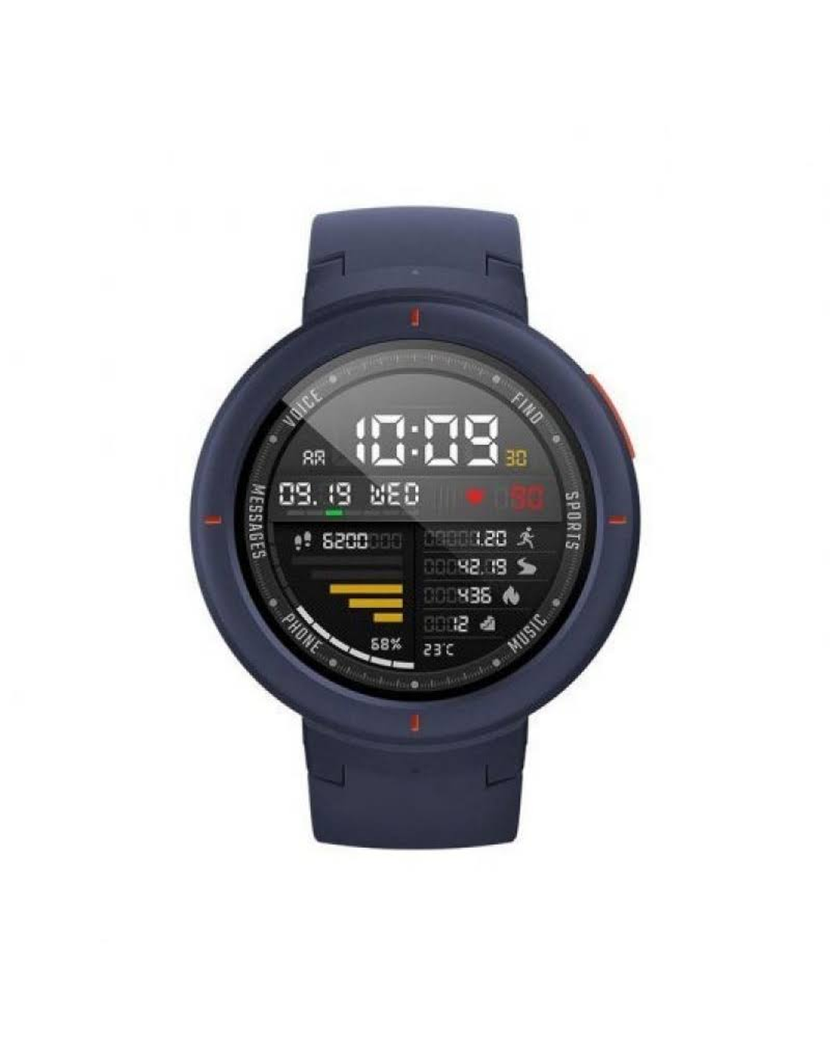 Un reloj inteligente azul con hora, fecha y datos de actividad en la pantalla.