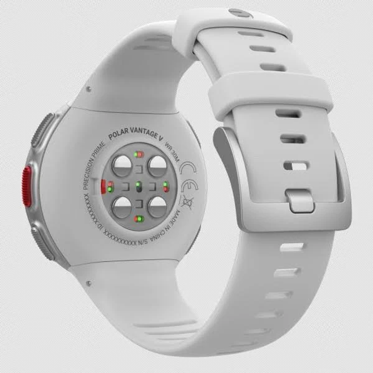 Widok z tyłu białego smartwatcha Polar Vantage V. Ukazuje szczegóły czujników i paska.