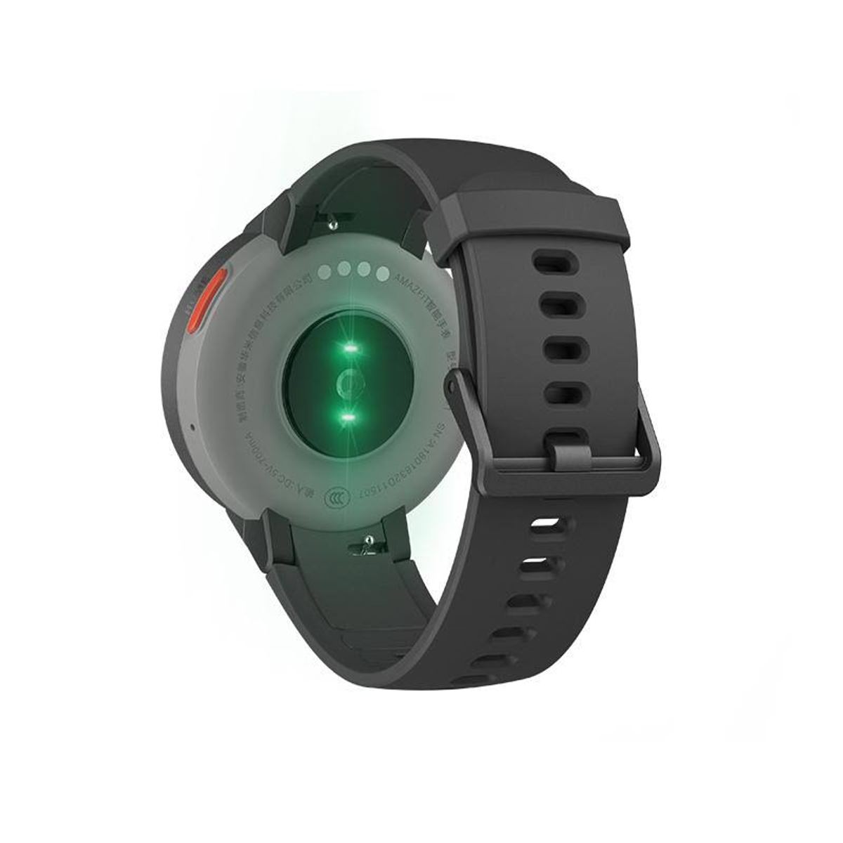 Vista trasera del smartwatch. Correa negra, carcasa gris, luces de sensor verdes, fondo blanco.
