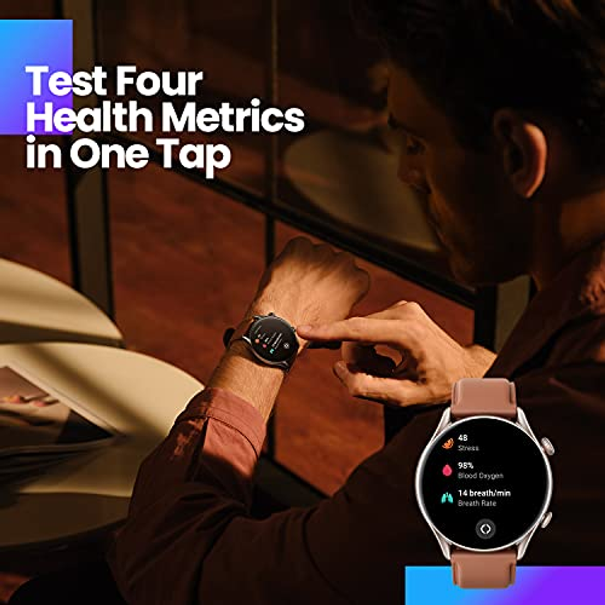 Uomo con smartwatch controlla i parametri sanitari. L'orologio mostra frequenza cardiaca e ossigeno.