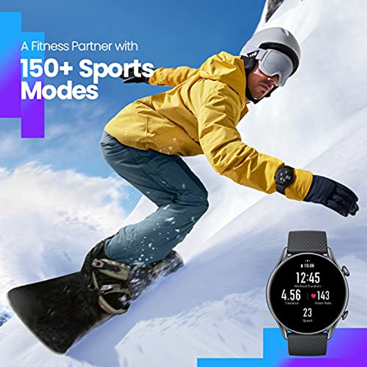 Snowboarder con smartwatch. Il quadrante nero mostra le statistiche. Montagna innevata sullo sfondo.