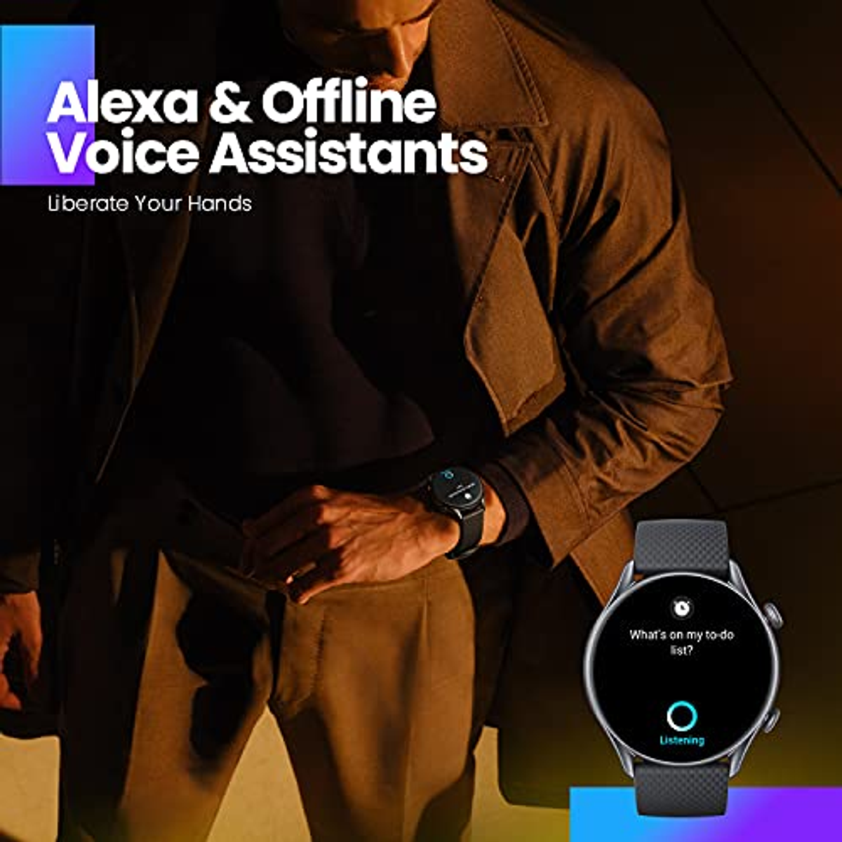 Persona con smartwatch, con testo 'Alexa & Offline Voice Assistants'.