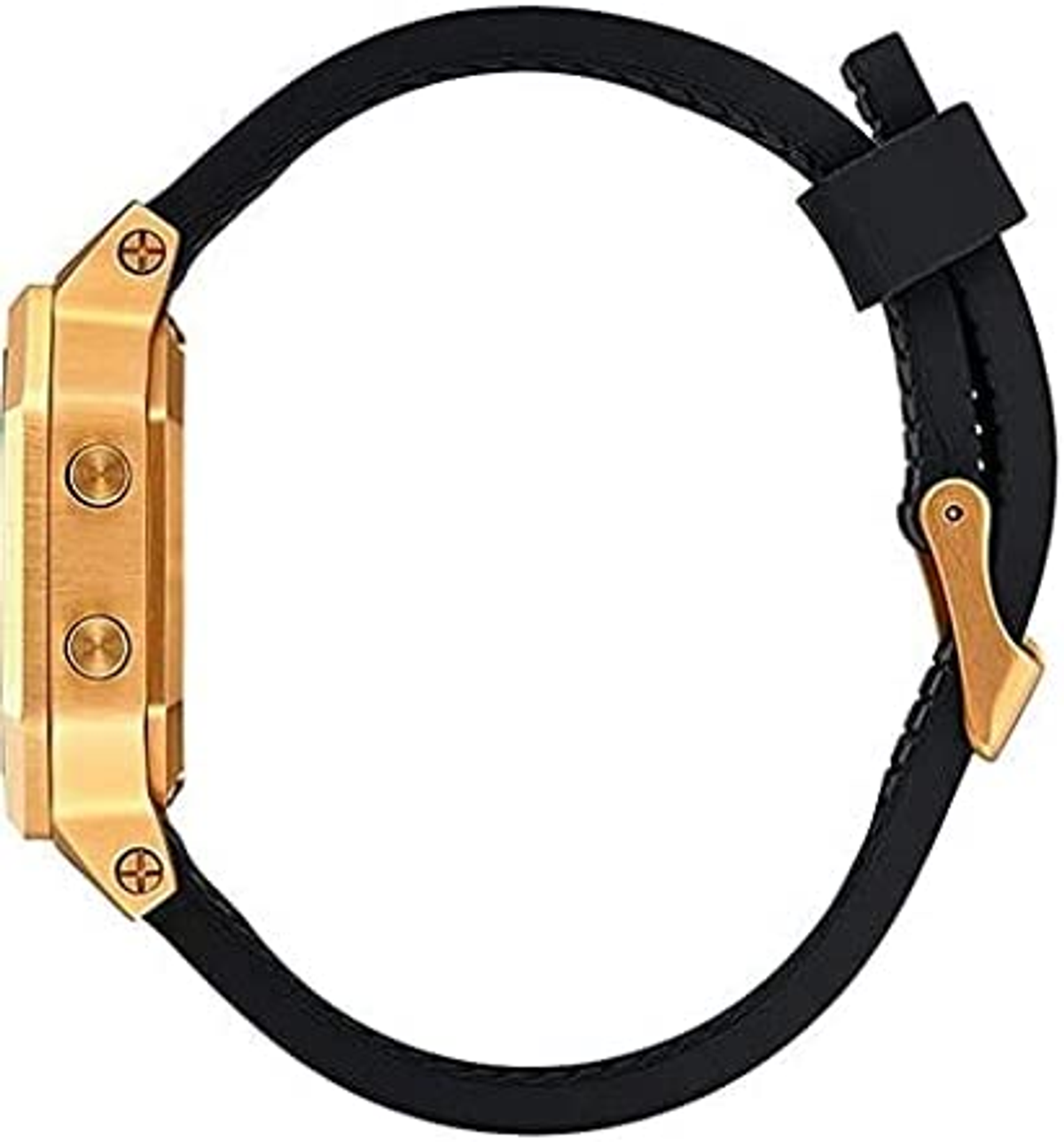 Vista laterale di uno smartwatch oro e nero, cinturino nero. Pulsanti dorati.
