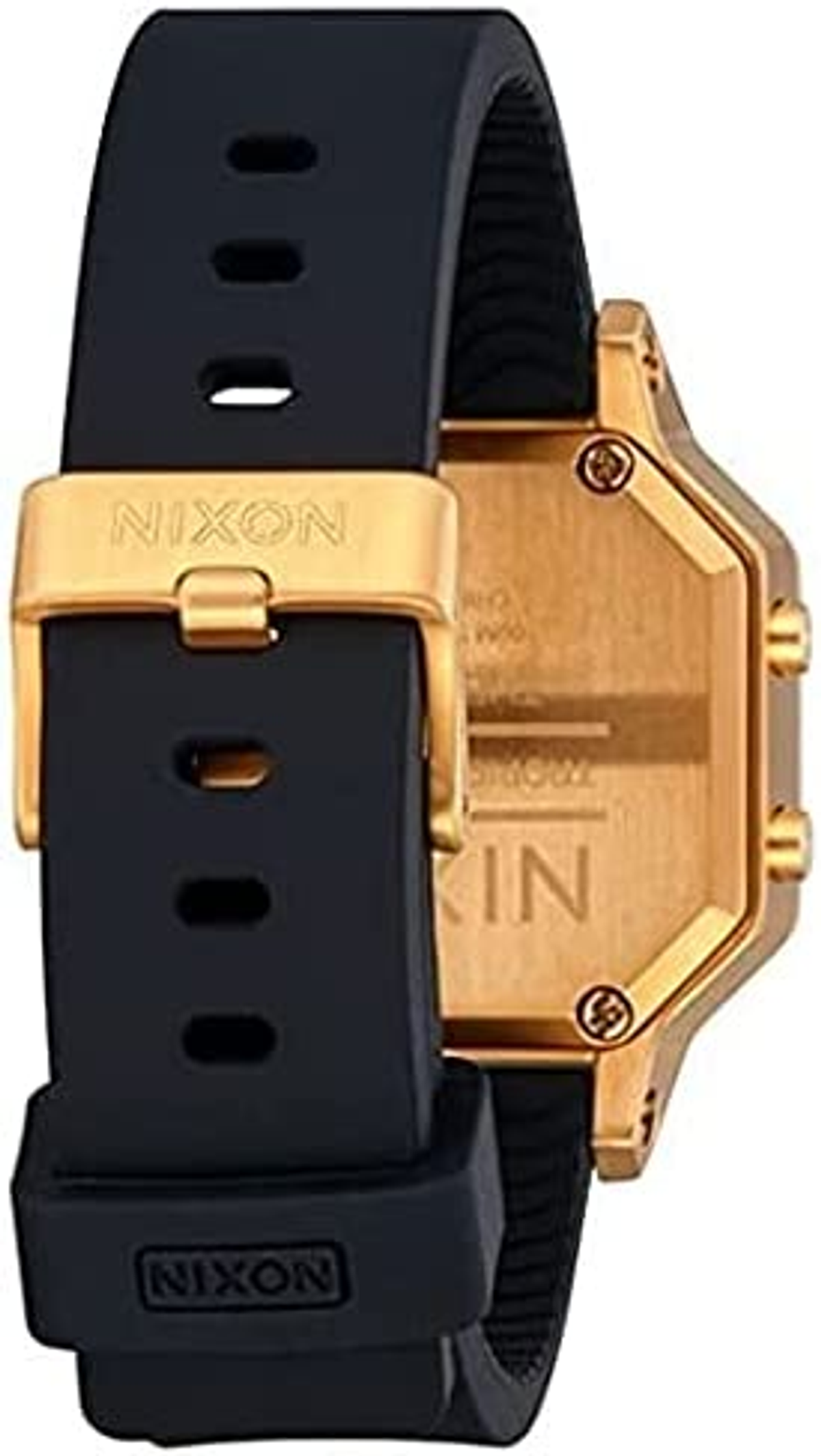 Orologio Nixon nero con dettagli oro e cinturino nero.