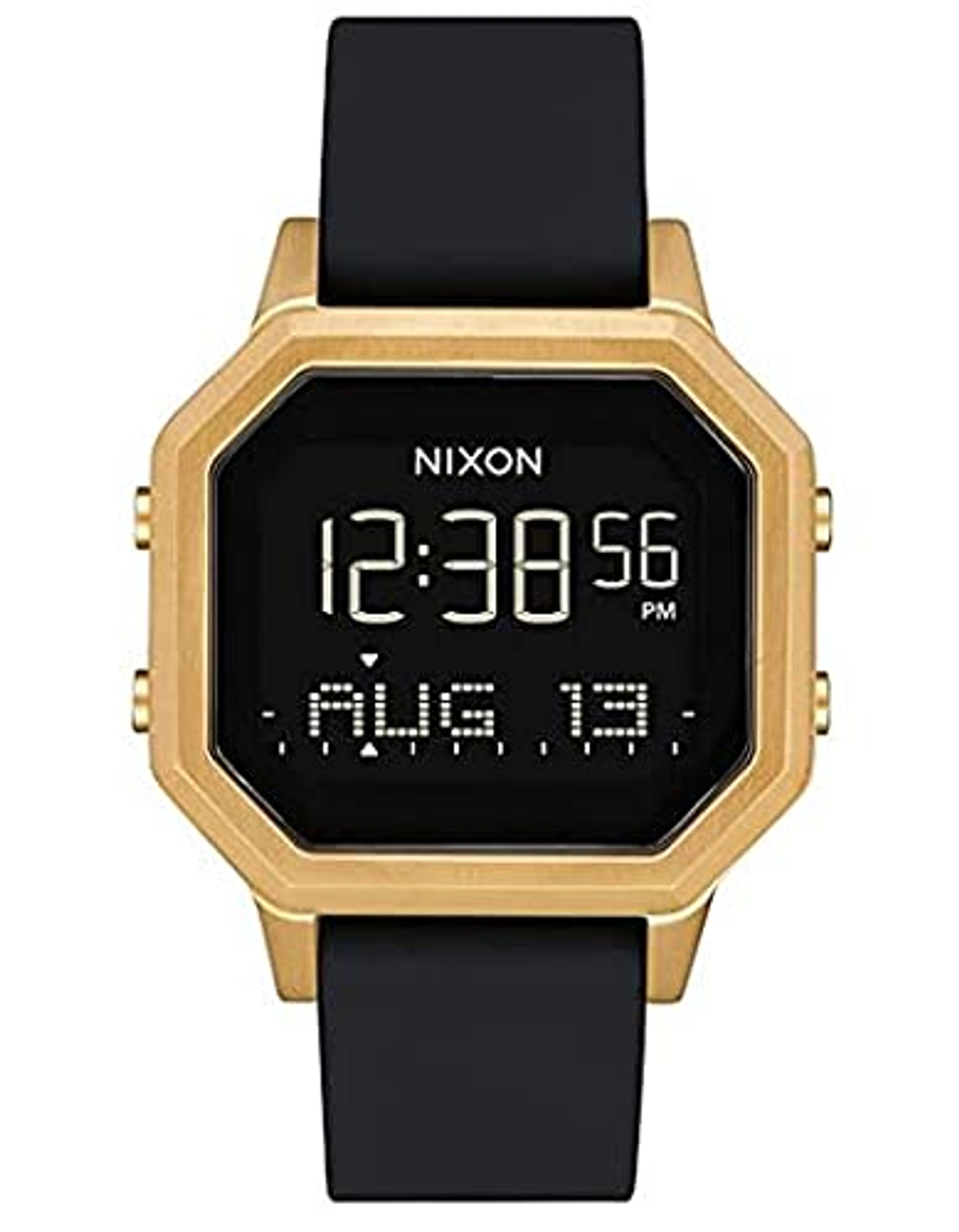 Orologio color oro con display nero. Visualizza 12:38:56 PM, 13 ago.