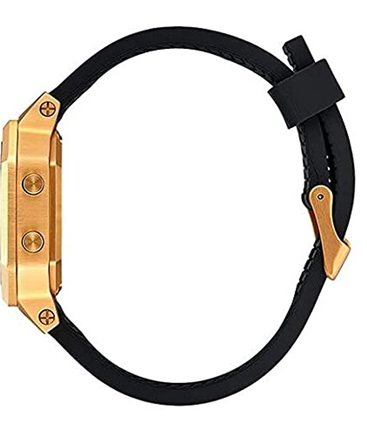 Uno smartwatch dorato con cinturino nero, vista laterale.