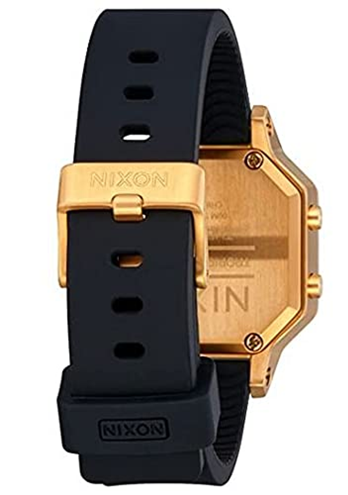 Vista posteriore di un orologio Nixon nero con fibbia dorata e cinturino nero.