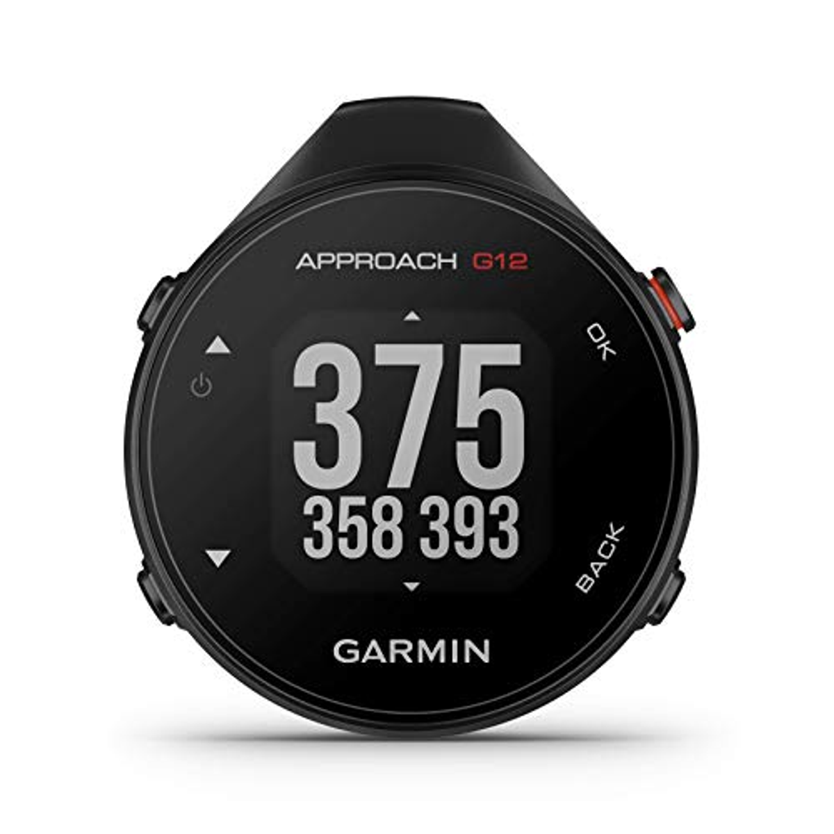Reloj Garmin Approach G12 con pantalla negra que muestra números. El fondo es blanco liso.