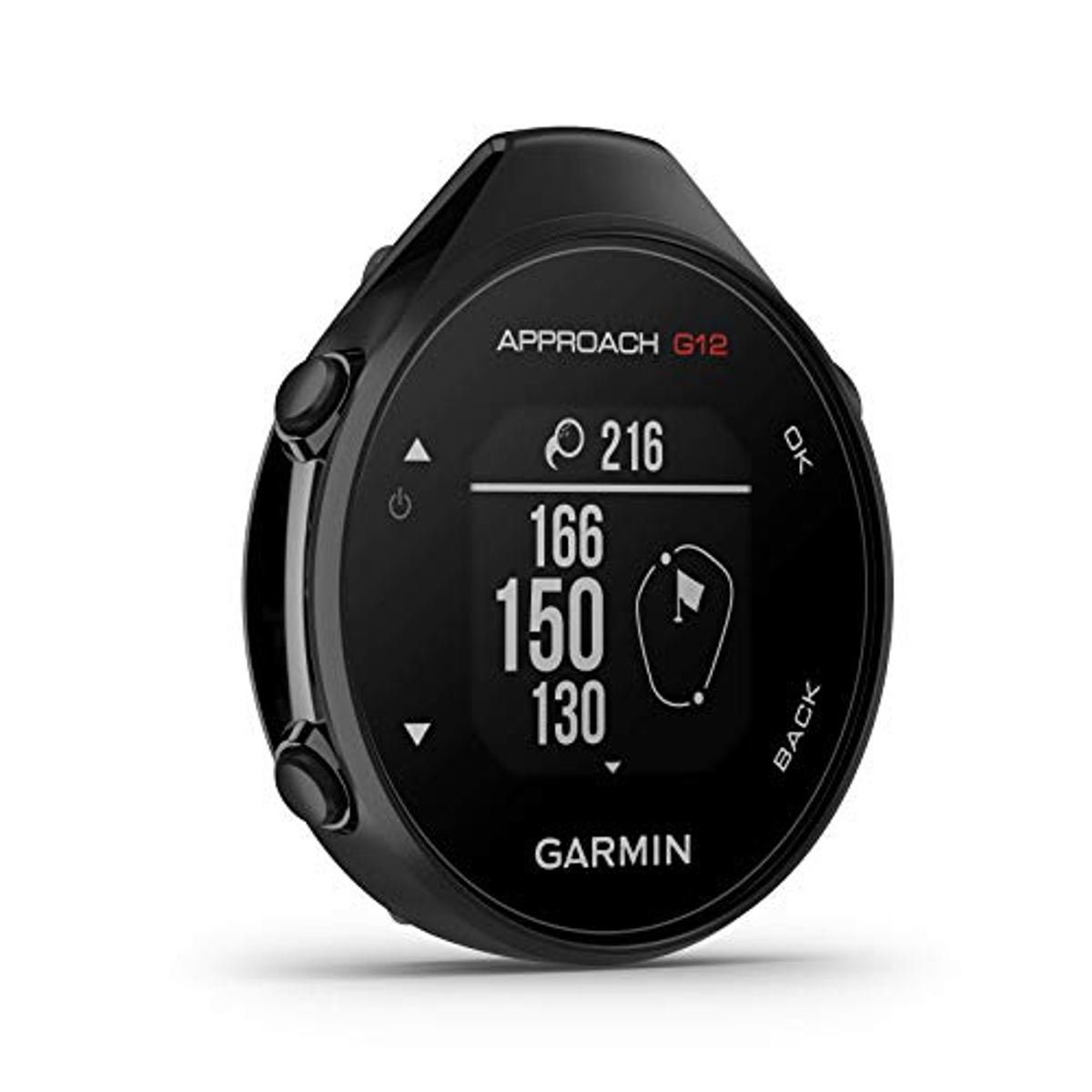 Reloj de golf Garmin Approach G12. Pantalla en blanco y negro que muestra la distancia y otras métricas de golf.