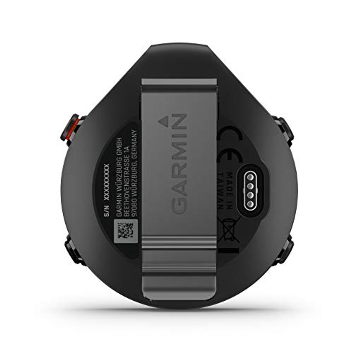 Parte trasera de un smartwatch negro. Tiene un logotipo de Garmin y número de serie.