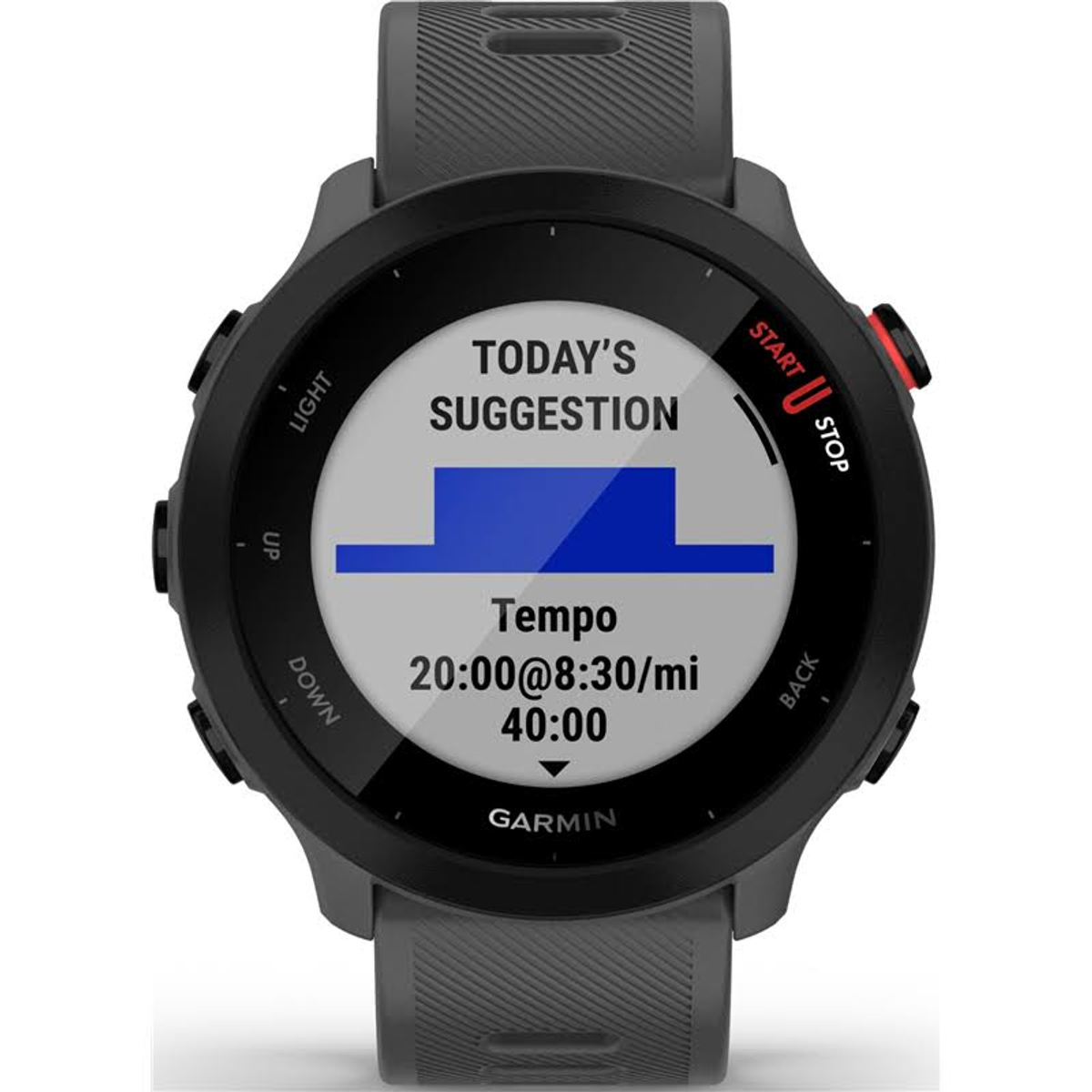 Czarny smartwatch z ekranem wyświetlającym dane aktywności. Szary pasek. Białe tło.