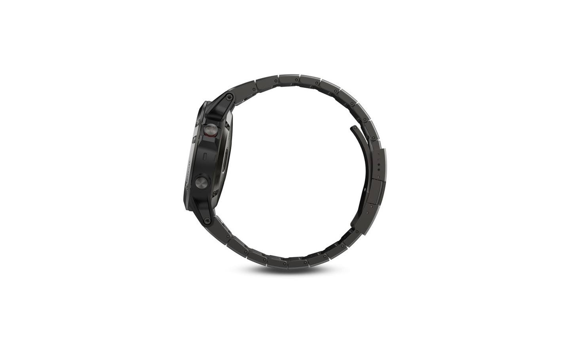 Seitenansicht einer schwarzen Garmin-Uhr mit dunklem Metallarmband. Sauberes Seitenprofil des Geräts.