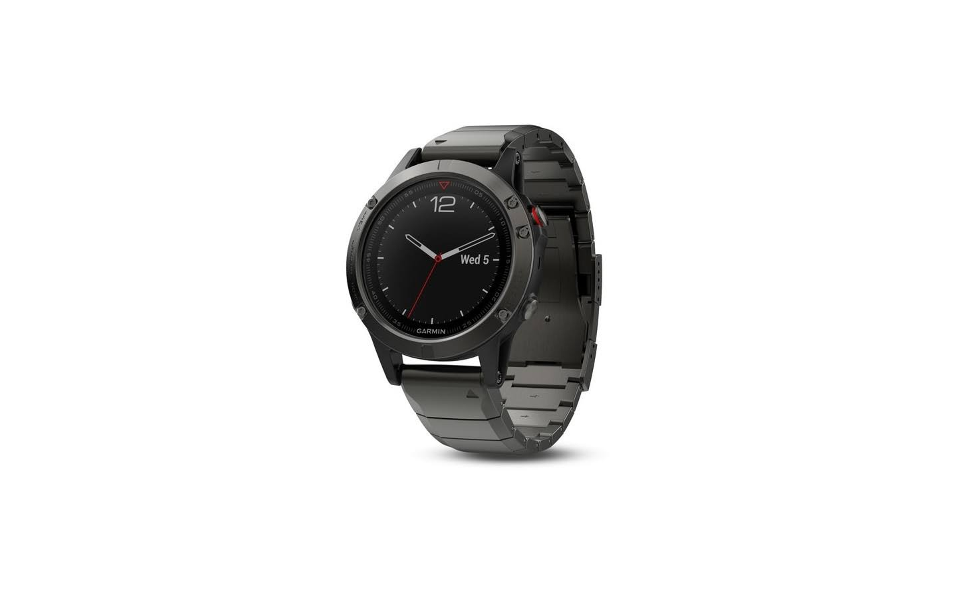 Eine schwarze Garmin-Uhr mit schwarzem Armband, die das Datum anzeigt, auf einer weißen Oberfläche.