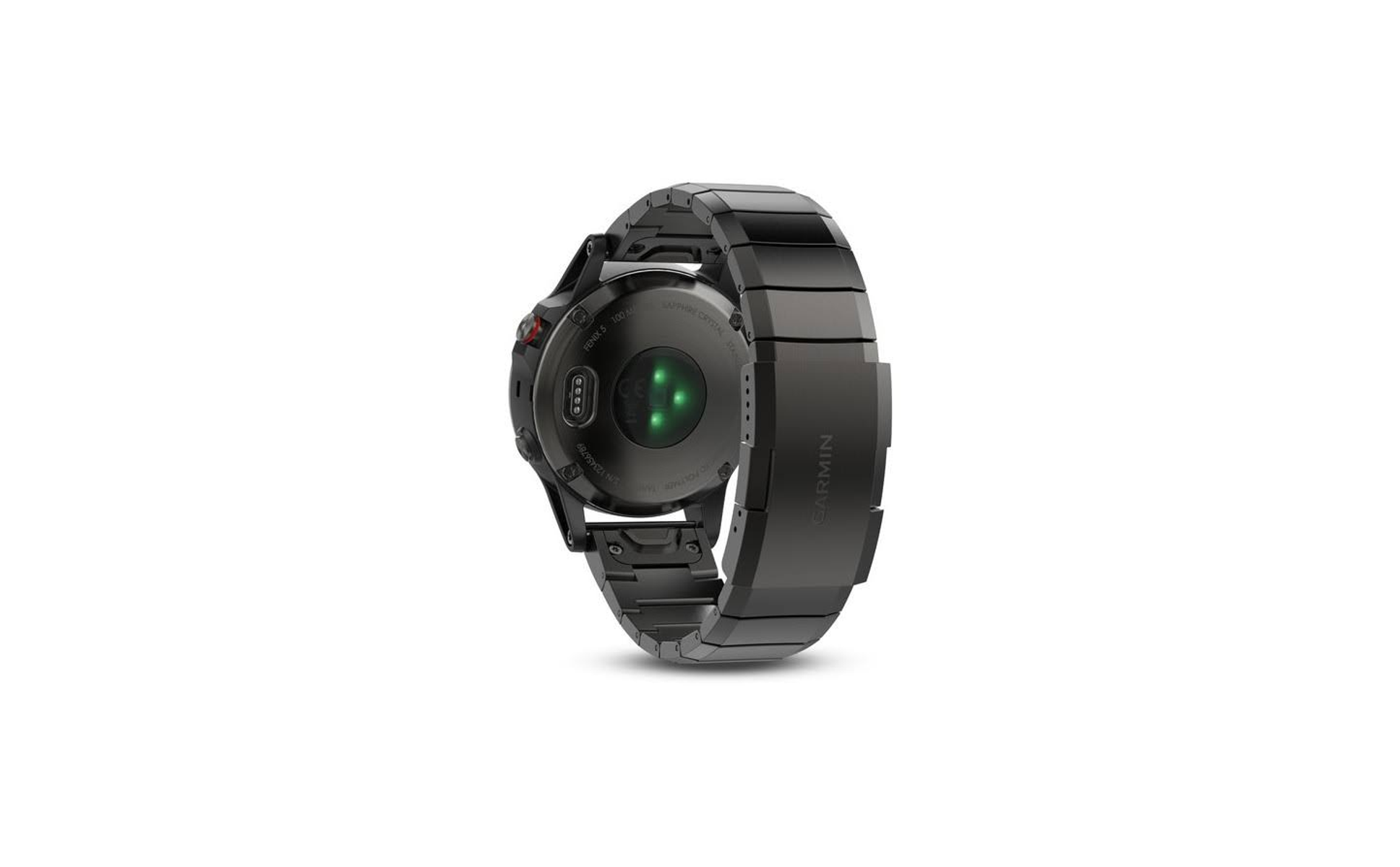 Schwarze Garmin-Smartwatch auf weißem Hintergrund. Die Uhr ist gedreht und zeigt die Rückseite.