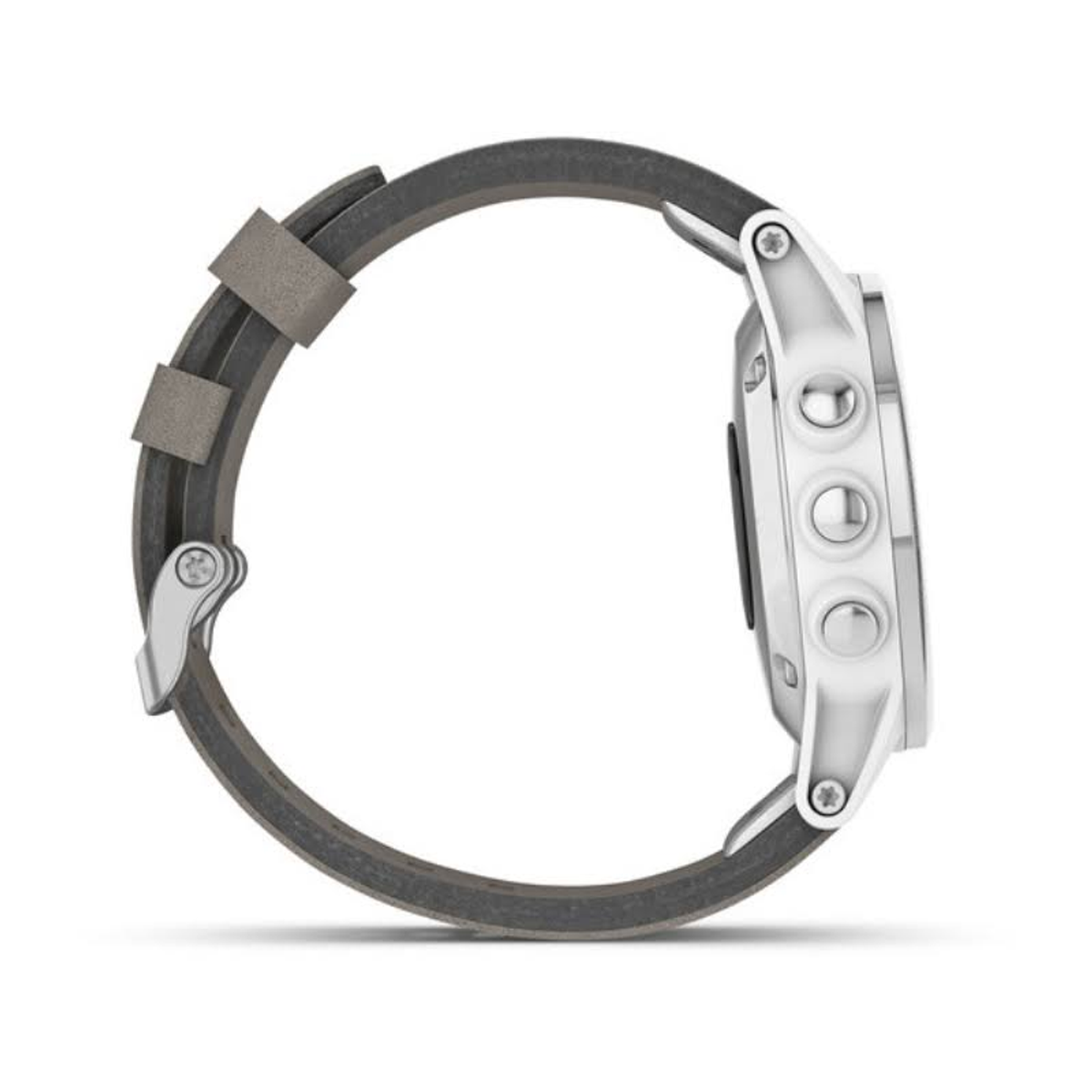 Seitenansicht einer Smartwatch mit grauem Armband und silbernen Details. Das Zifferblatt ist sichtbar.