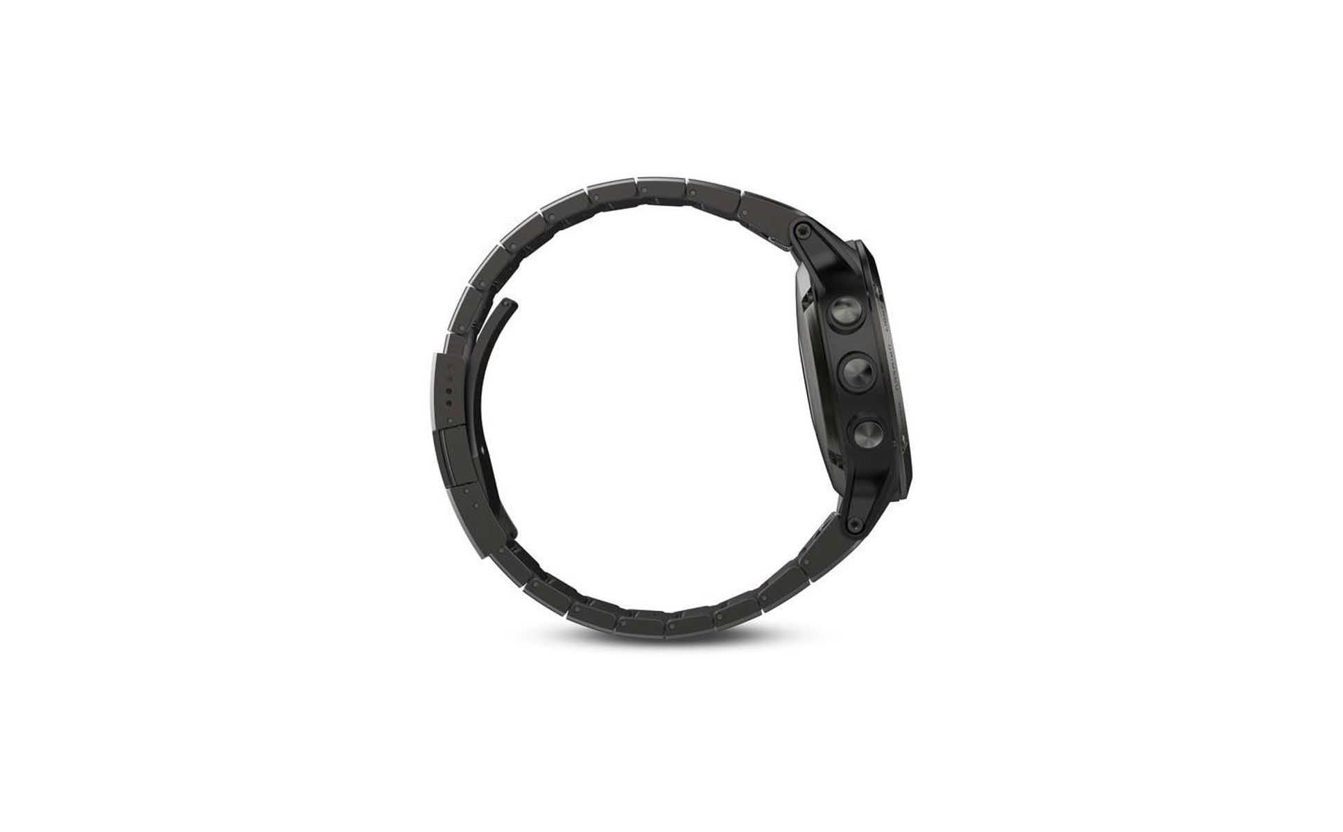 Seitenansicht einer schwarzen Smartwatch mit Metallarmband, auf weißem Hintergrund.