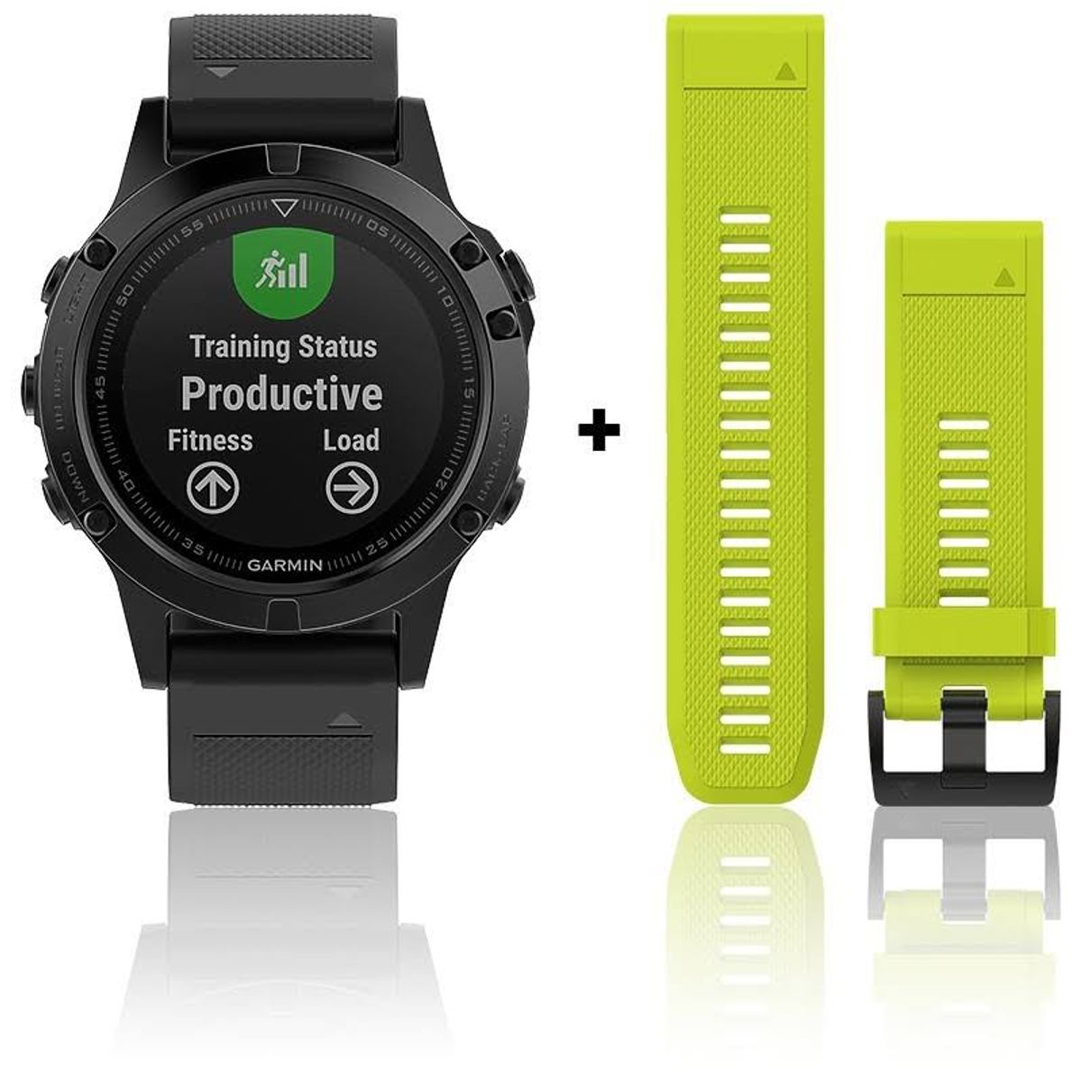 Eine schwarze Garmin Smartwatch mit zwei lindgrünen Armbändern. Das Zifferblatt zeigt Fitnessdaten.