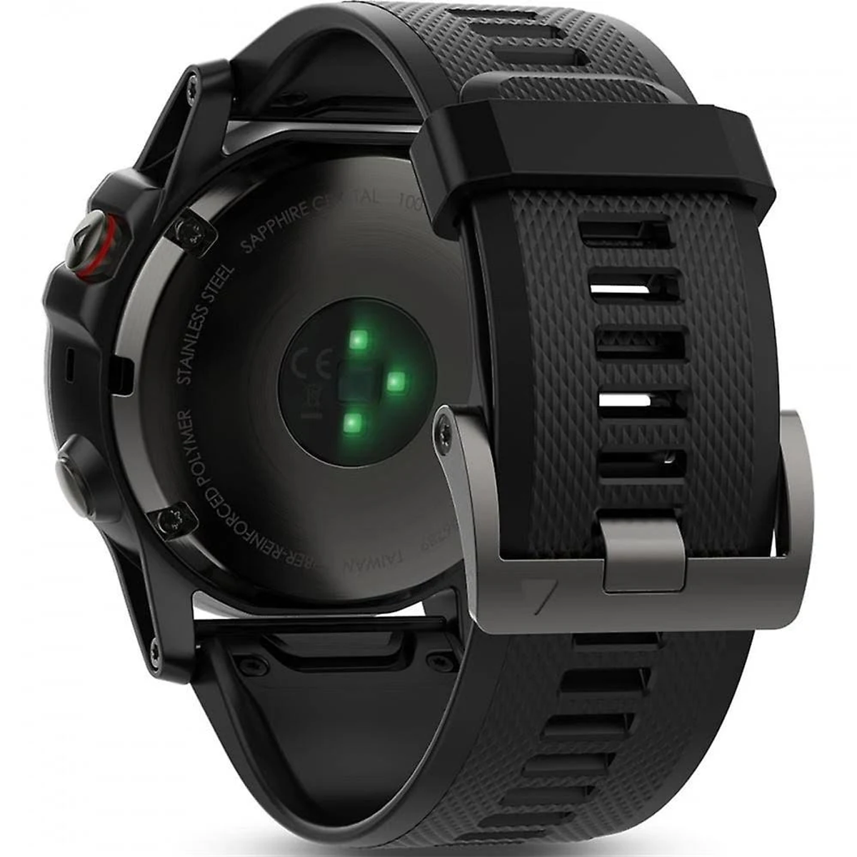 Schwarze Smartwatch-Rückansicht mit Herzfrequenzsensor und schwarzem Armband.