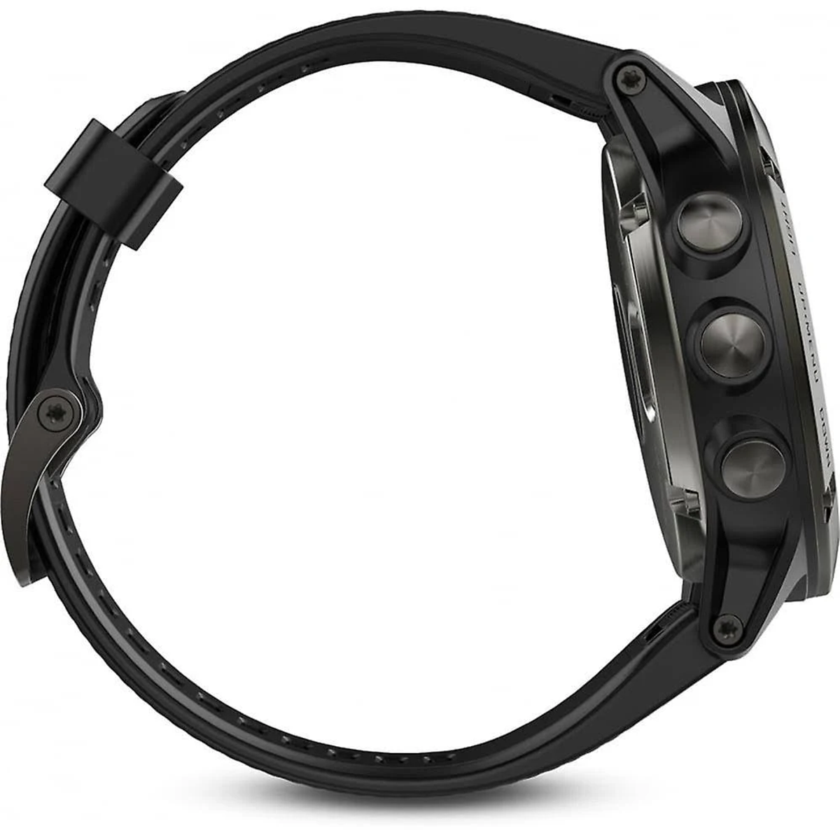 Schwarze Smartwatch mit drei Knöpfen an der Seite und einem schwarzen Armband. Die Uhr ist abgewinkelt.