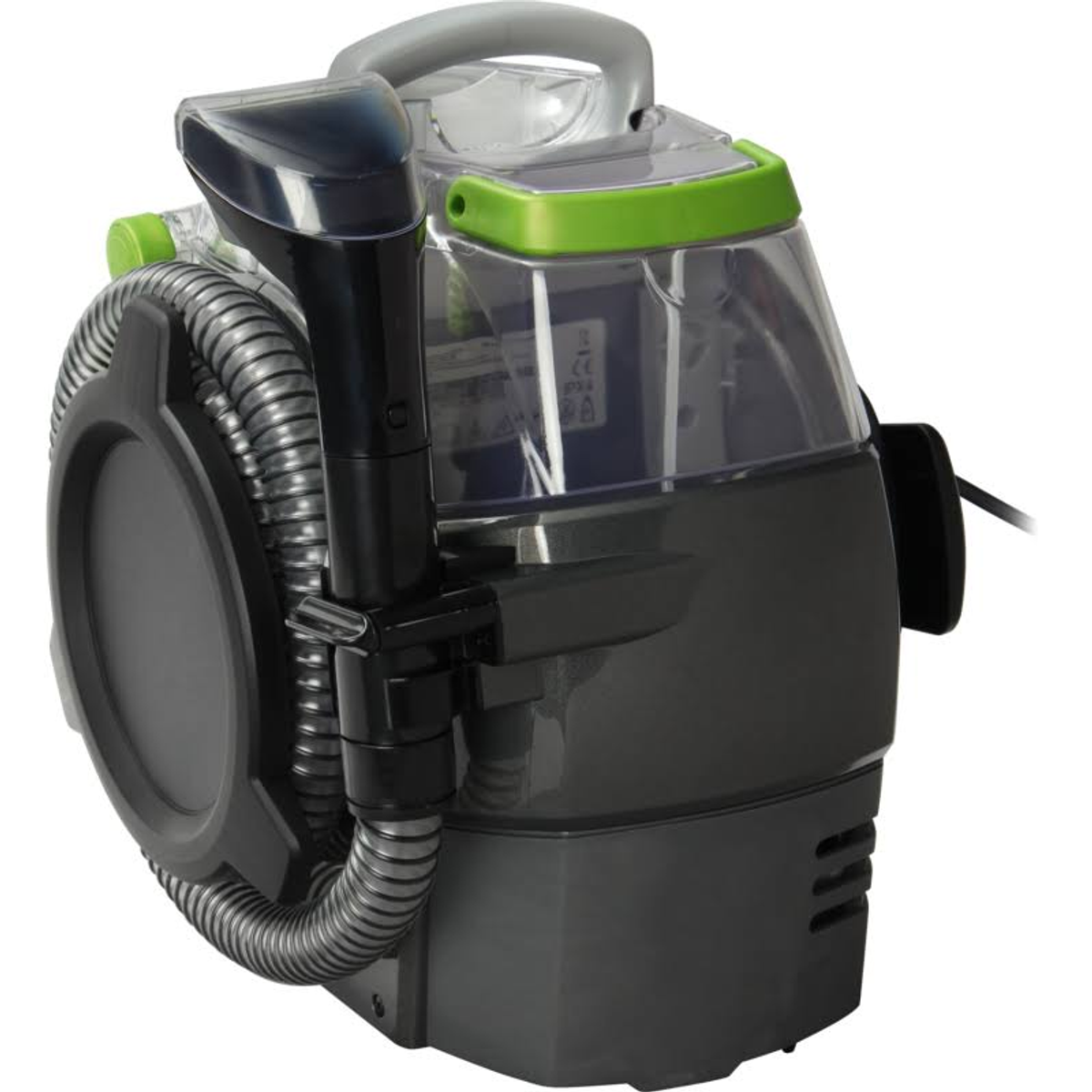 Limpiador de alfombras portátil, gris y verde, con manguera y asa. Está sobre un fondo blanco.