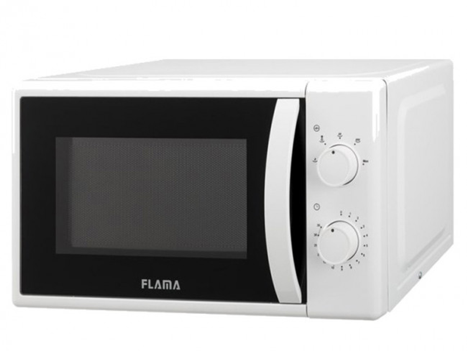 Biała kuchenka mikrofalowa z czarnymi drzwiami i pokrętłami sterowania.